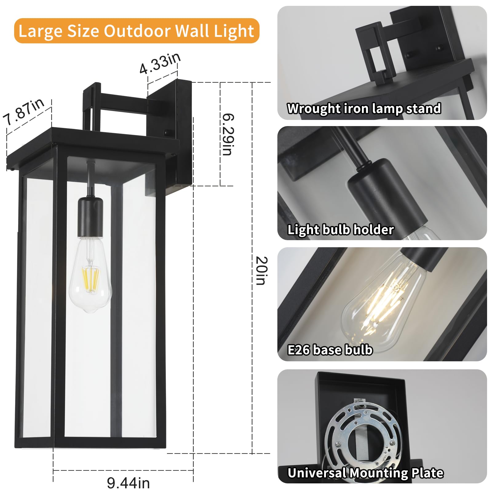 Zsmaiku 20&quot; Black Modern Outdoor Wall Lanterns, Waterproof Clear Glass Shade, 2 Pcs