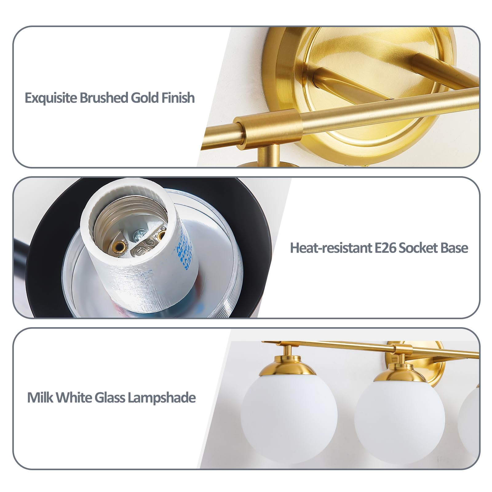 Rayogale 32 Inch Gold Bathroom Light Fixtures, 4 Light Vanity Lights, Metal, Milk White Glass Shades, Model 7201