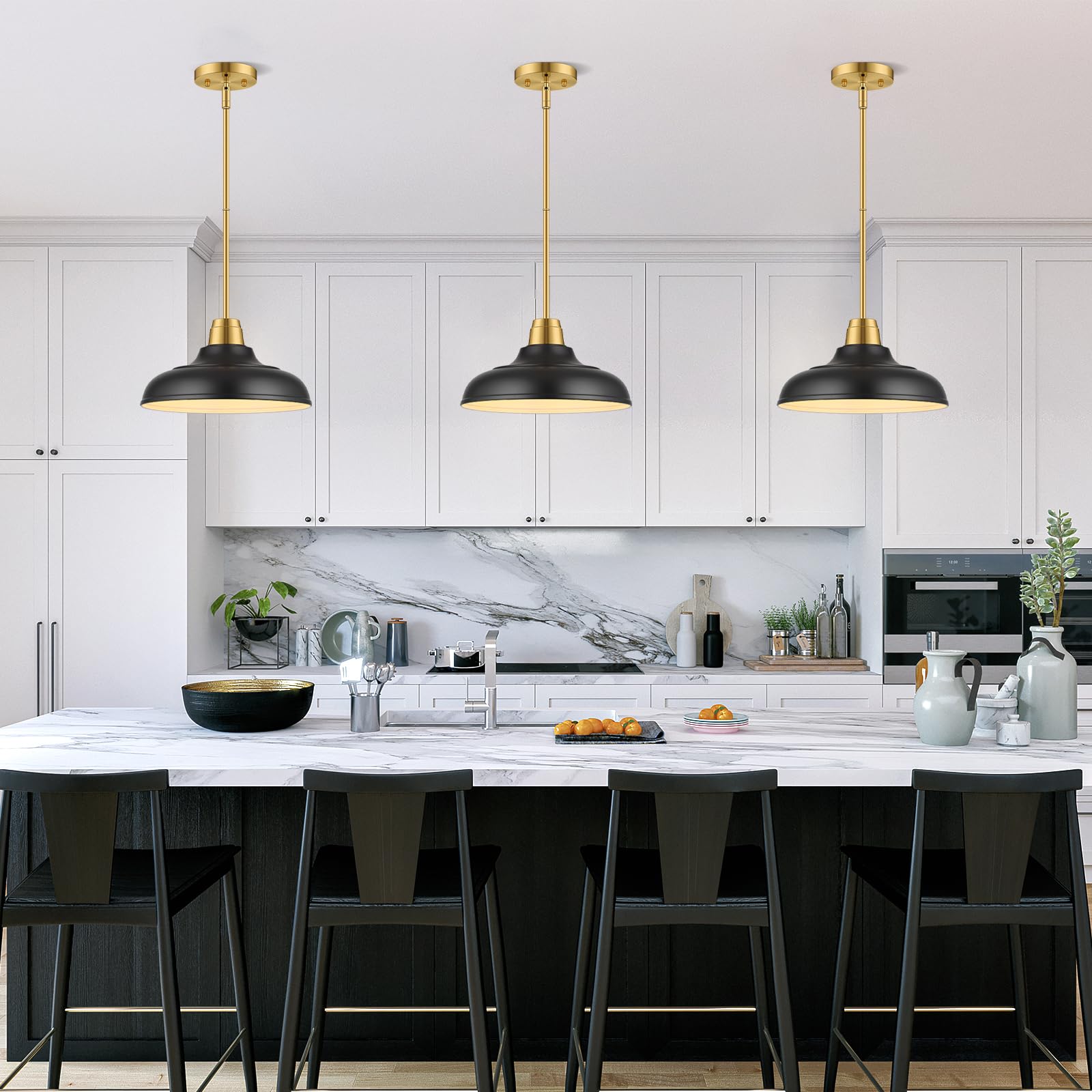 Qianzhan Black And Gold Pendant Light, 12'' Matte Black Pendant Lights Fixtures Adjustable Rod Gold Modern Hanging Lighting,For