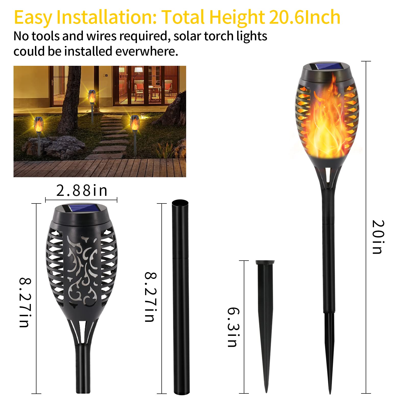 EOYIZW Solar Torch Light 12 Pack, 12 LEDs, IP65 Waterproof, Outdoor Tiki Torches, Yellow, Model 0711dc8e-49b7-4e