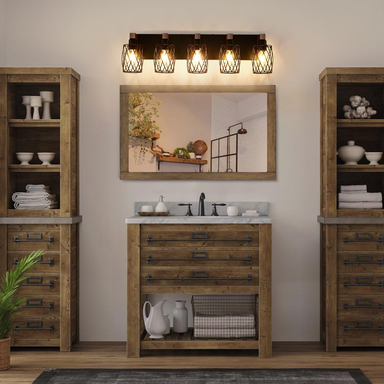 RVONOW 5-Light Bathroom Vanity Light, Black Metal Cage Shade, Rustic Wood Fixture, Model B219-074-05-BK