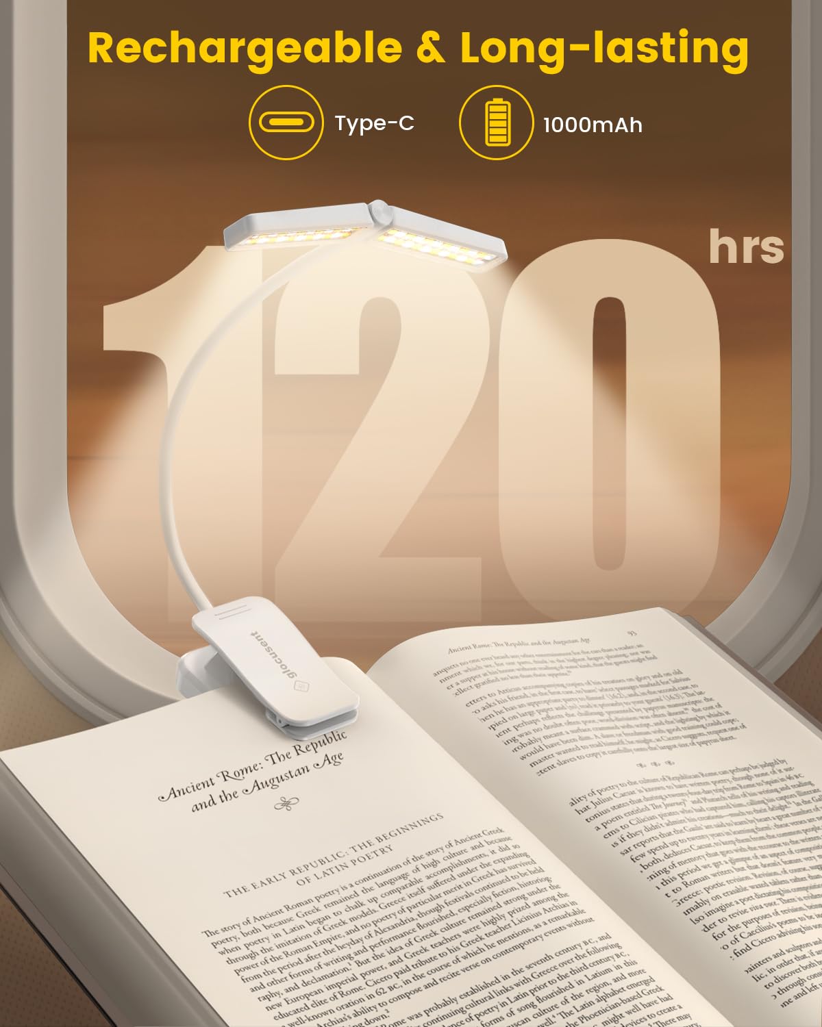 Glocusent Wingy Book Light, 48 Led Reading Light With Sleep Aid & Timer, 2-Switch, 5 Brightness & 3-Color Rechargeable Clip On B