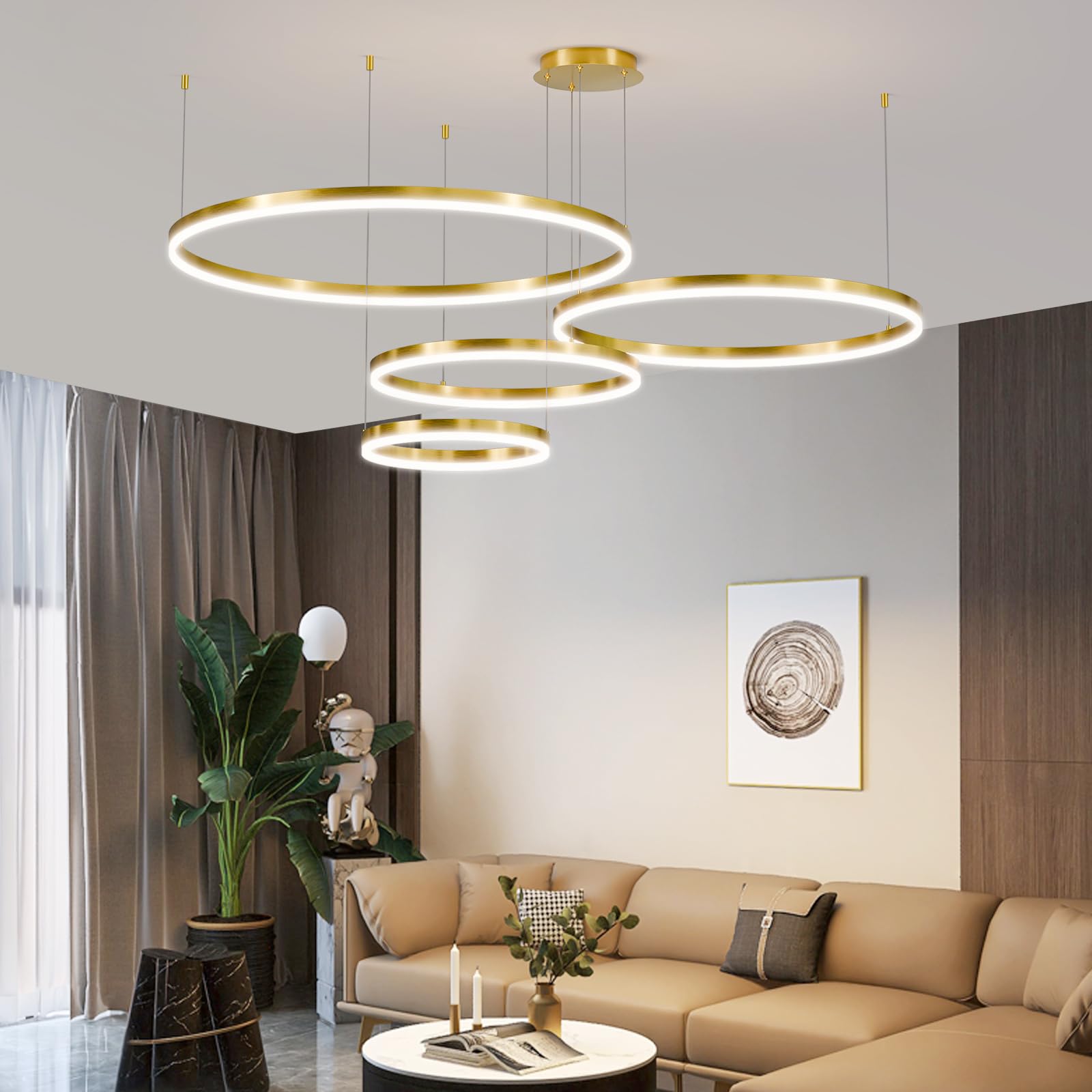 Matven Modern Ceiling Chandelier Light, Remote Control, Dimmable 3 Color Mode, 11.8+15.7+23.6+31.4in, Gold, Model KD