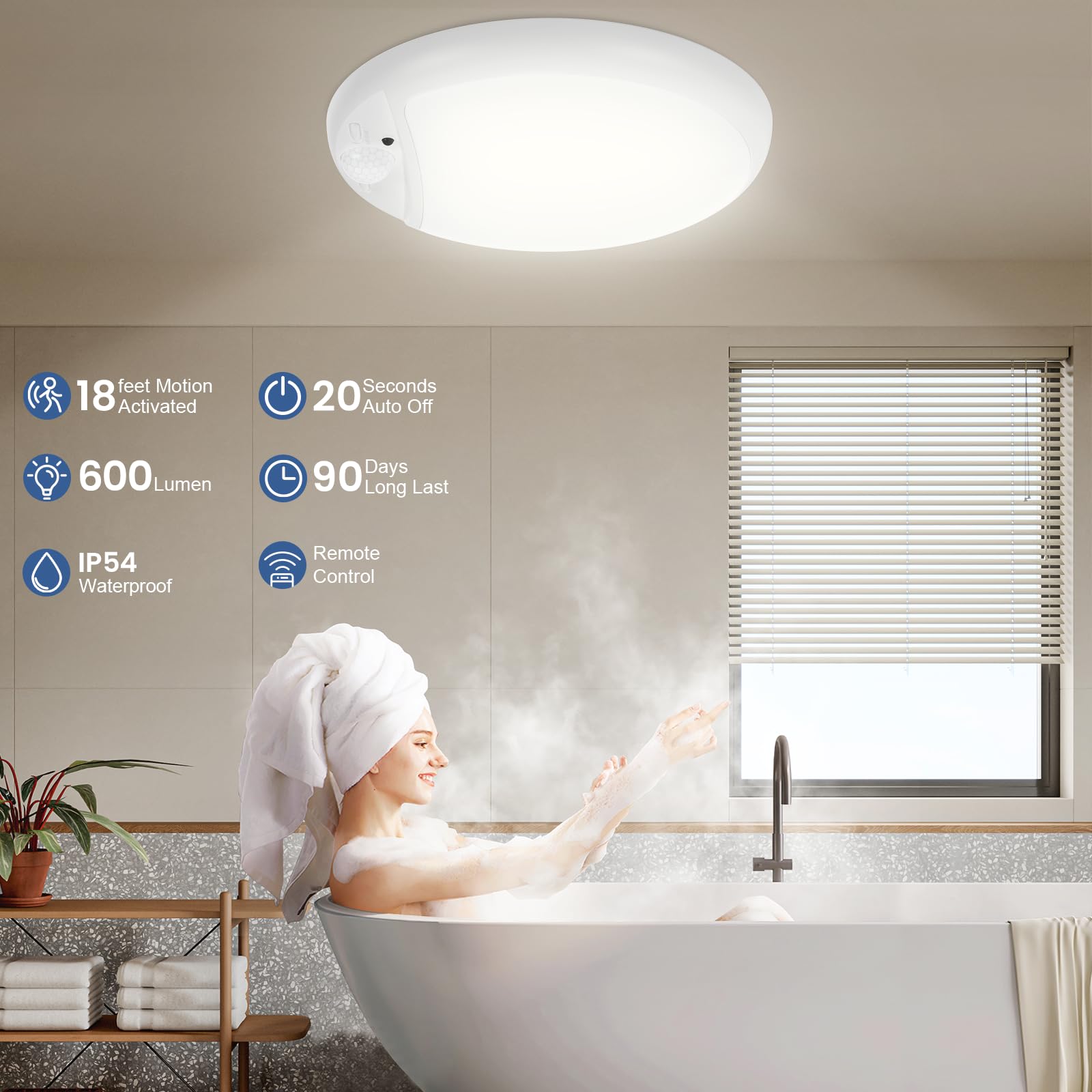 DEEPLITE Wireless Ceiling Light with Motion Sensor, 600LM, Rechargeable, Remote Control, 1 Pack, White, Model T041