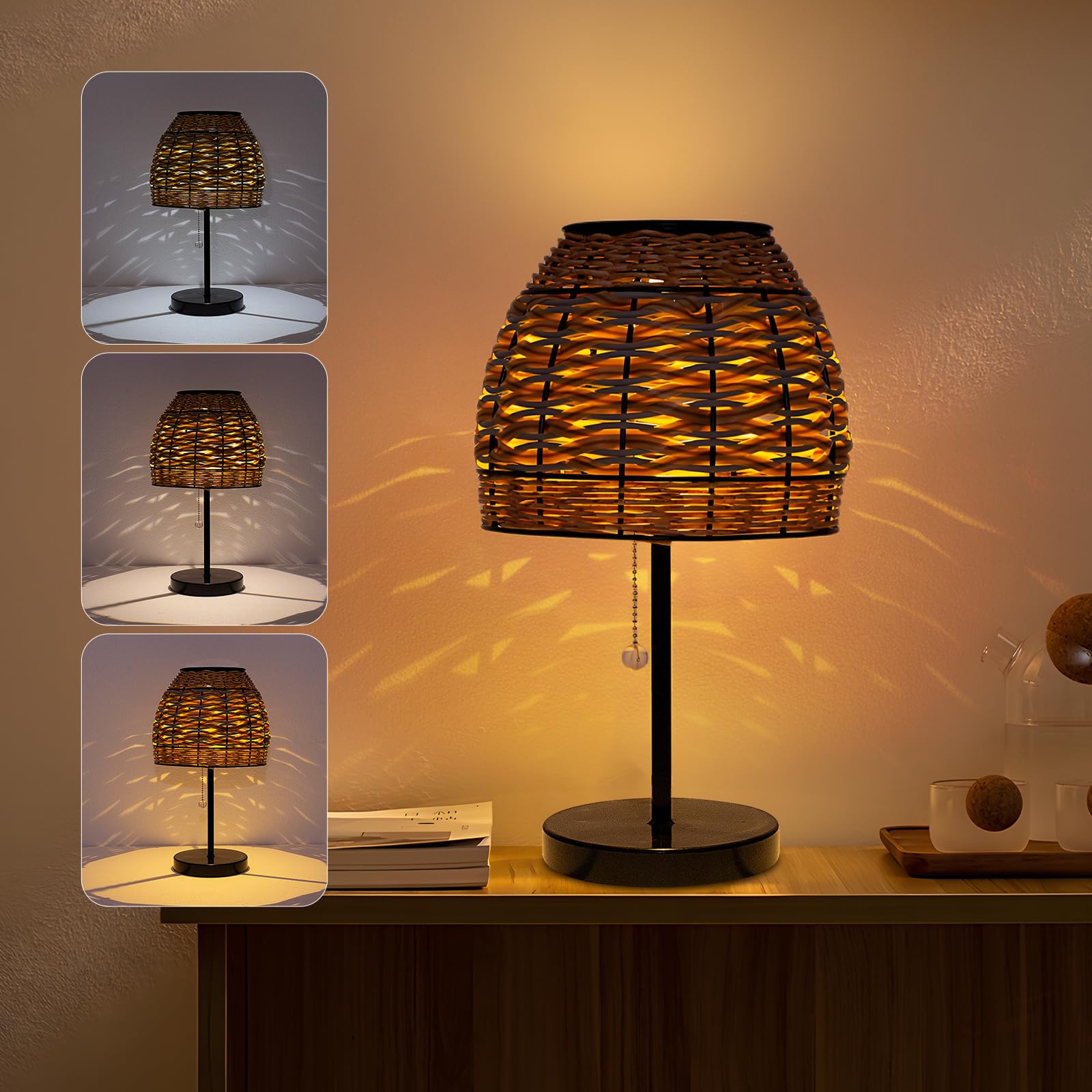 Livinlarge Outdoor Solar Table Lamp,3 Color Temperatures Bedside Lamps With Usb-C Ports,Boho Desk Lamps Pull Chain Table Lamps W