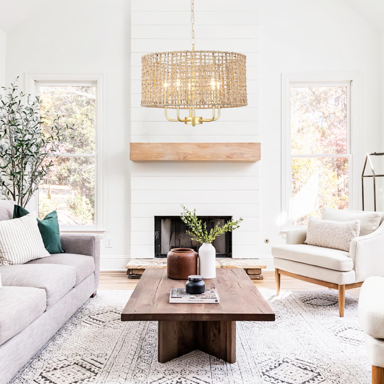 Hand Woven Rattan Chandelier 5 Lights Large Gold Farmhouse Chandelier With Wicker Shade Rustic Boho Pendant Light Fixtures Drum