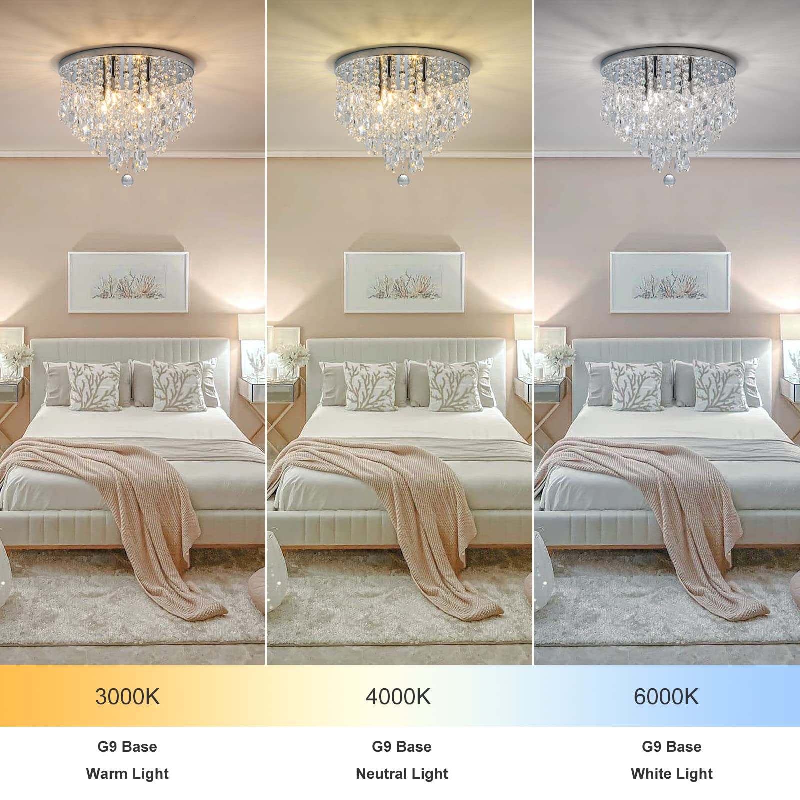 NSRCE 4-Light Crystal Flush Mount Chandelier, 14" Modern Ceiling Lamp, Chrome Finish for Bedroom, Dining Room, Bathroom, Living Room