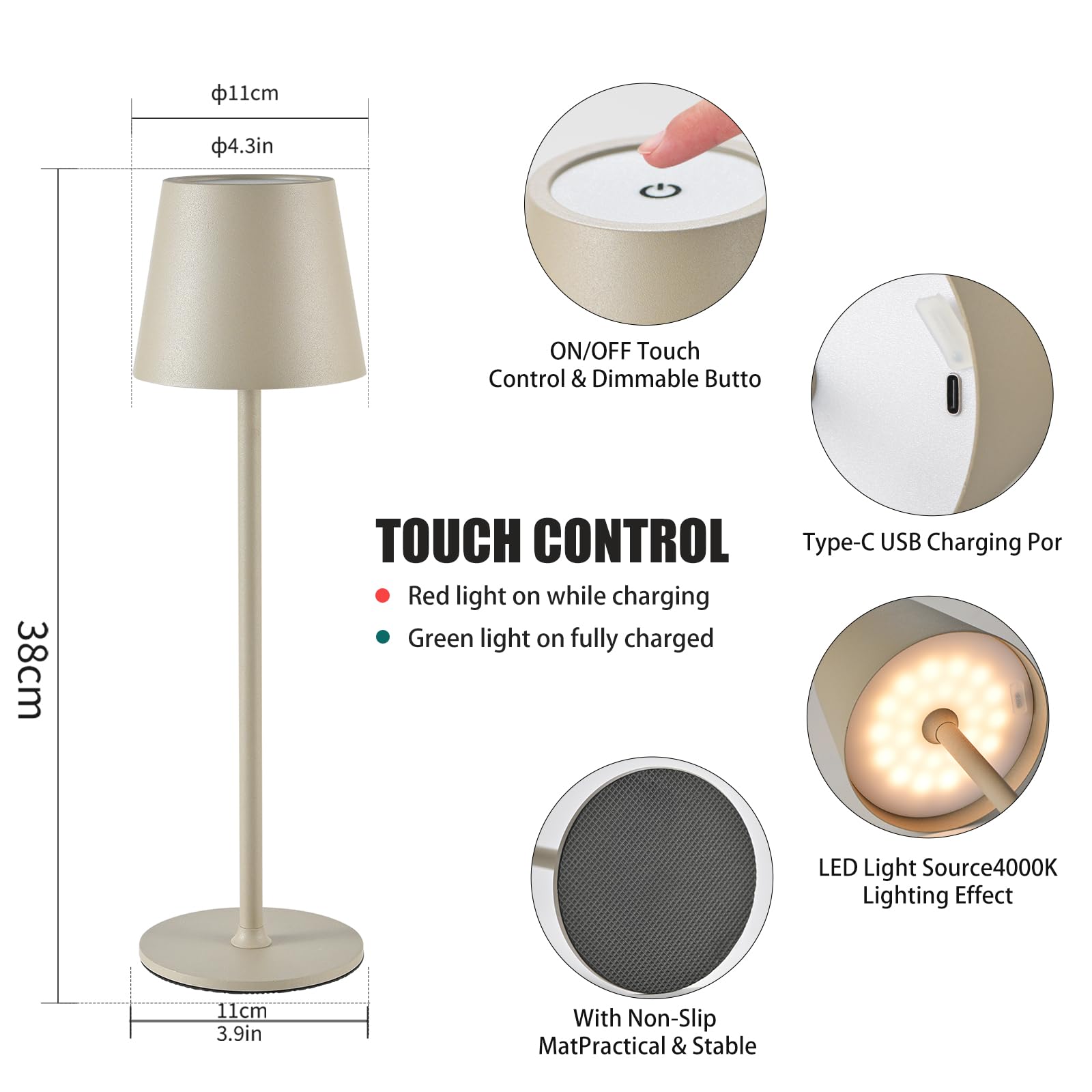 Zoeger Cordless Table Lamp, Portable LED Desk Light, 6000mAh Battery, 3 Color Dimming, Beige, Model DD2Beige