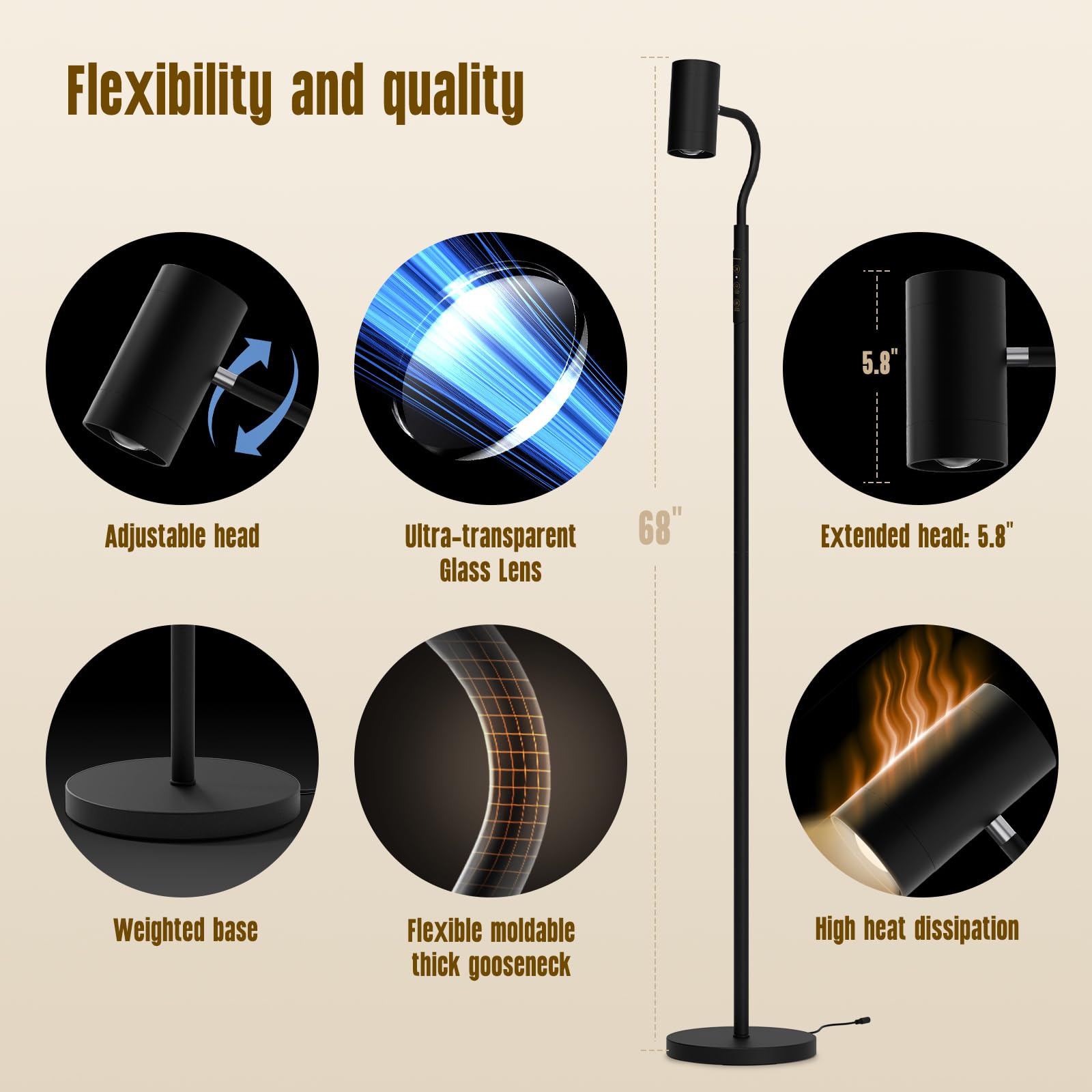 Glowrium Led Floor Lamp, Professional Eye-Caring Reading Light, 360 Rotating Gooseneck Lamp, 5 Color Temperatures And Stepless D