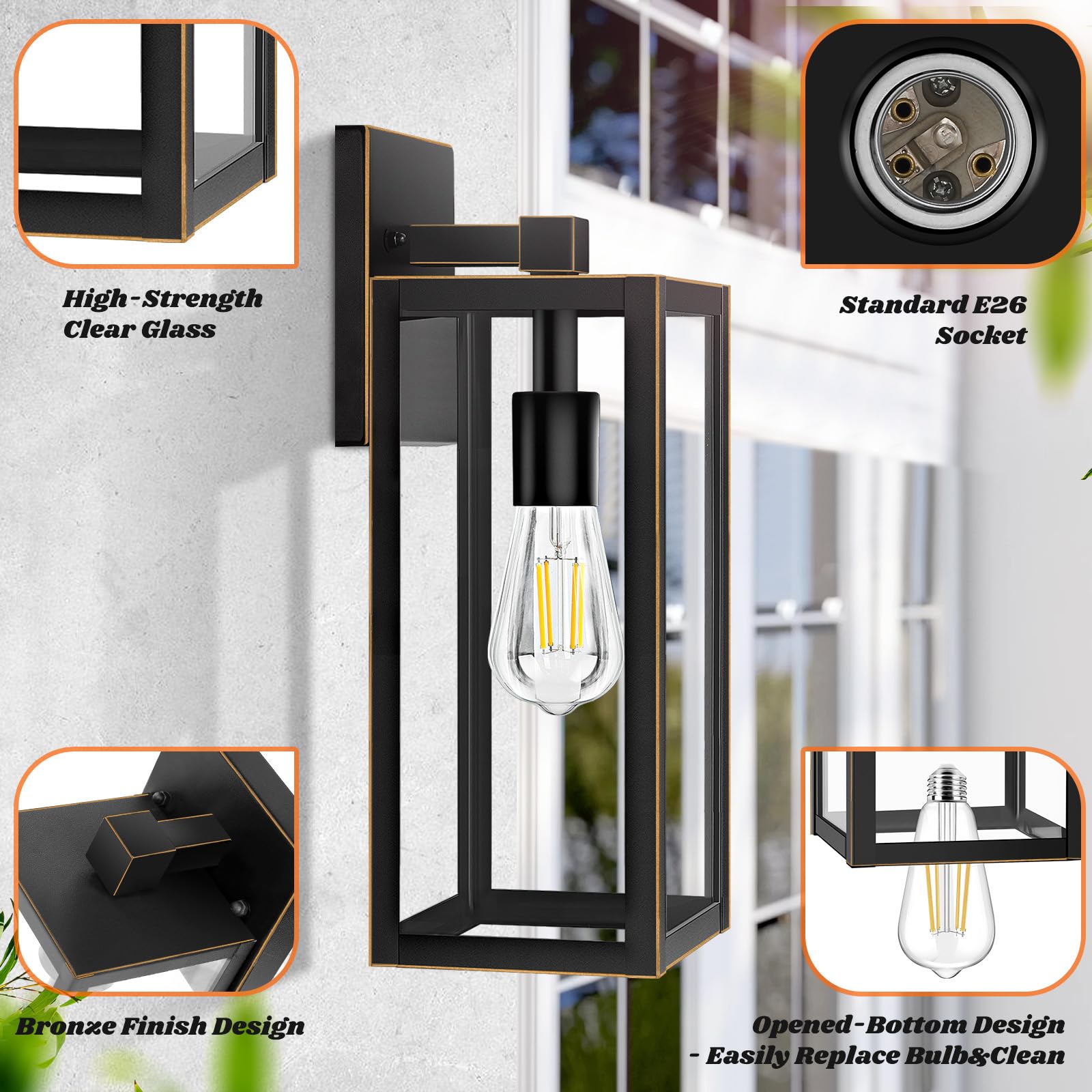 Brightever 2-Pack Outdoor Wall Light, Waterproof 15" Bronze Porch Lights, Clear Glass, Model 1030LL