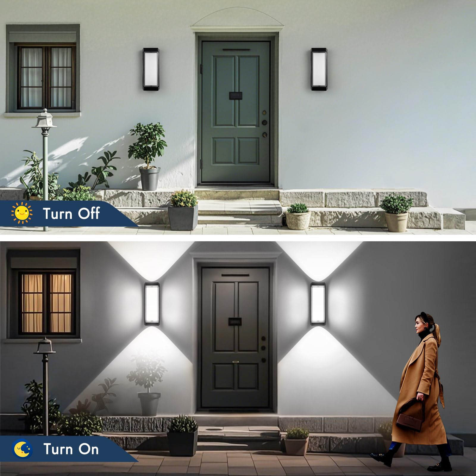 DUGWRY LED Outdoor Wall Sconce, 24W IP65 Waterproof, 3000LM 6000K Black Aluminum, Model 552, Modern Double Lampshade Lighting
