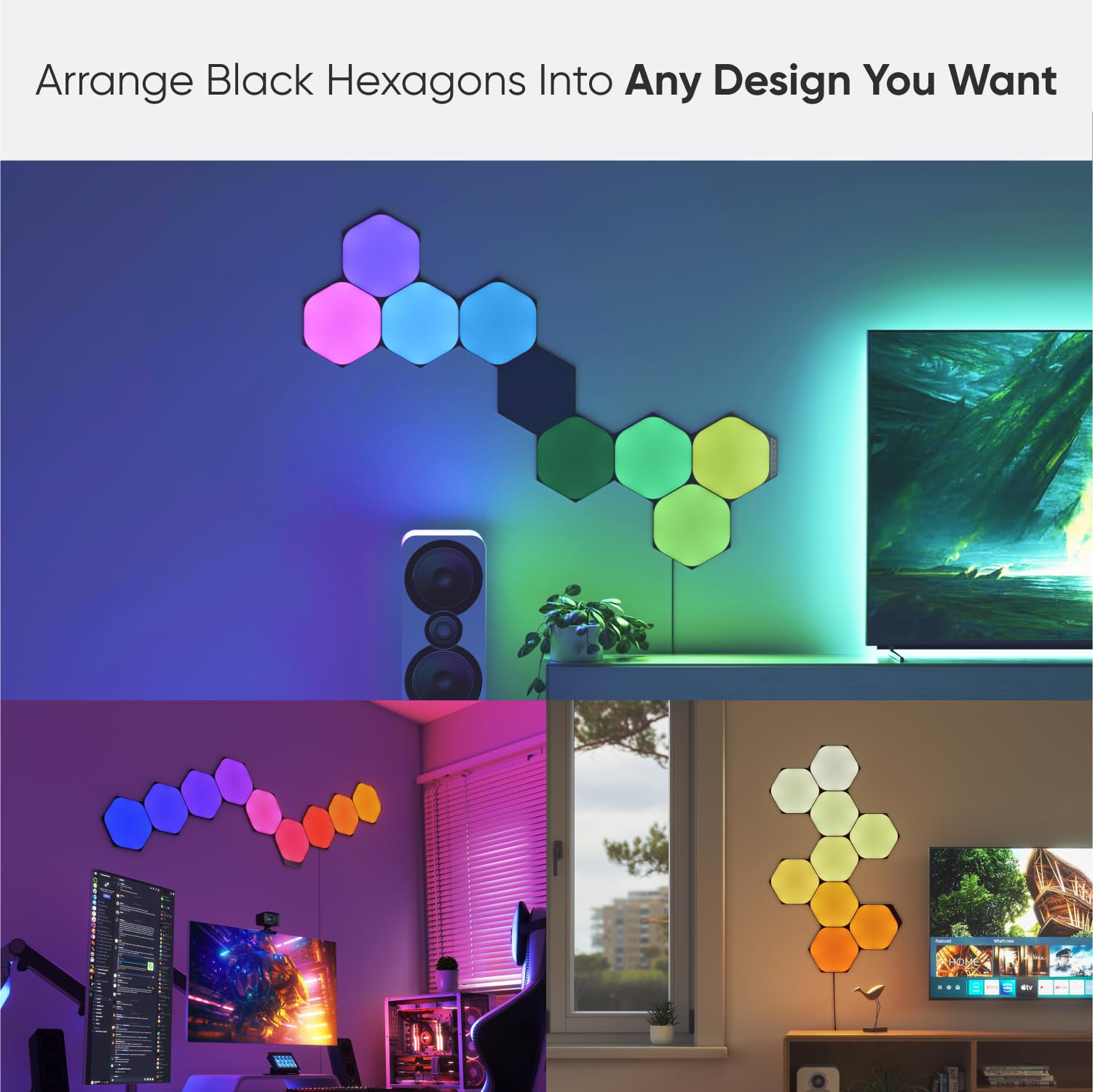 Nanoleaf Shapes Smart RGBW Wall Lights, Dimmable, 16M+ Colors, Black Hexagons, 9 Pack, Model NL42-0103HX-9PK