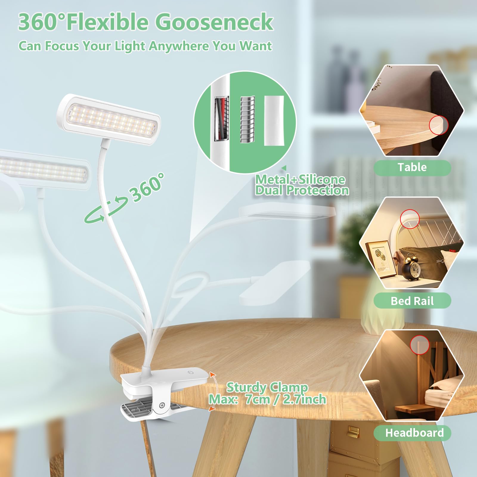 Deaunbr Clip On Light, Reading Lights For Books In Bed, Eye Caring 66 Leds Book Lights, 4 Brightness & Multiple Color Temperatur