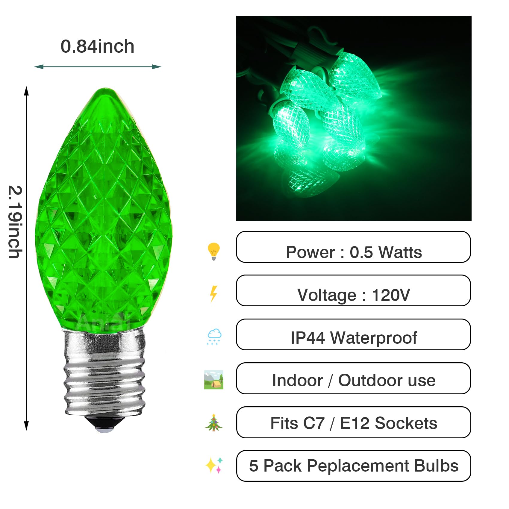 Aniai C7 LED Christmas Light Bulbs - 5 Count, E12 Base, Green, Commercial Grade