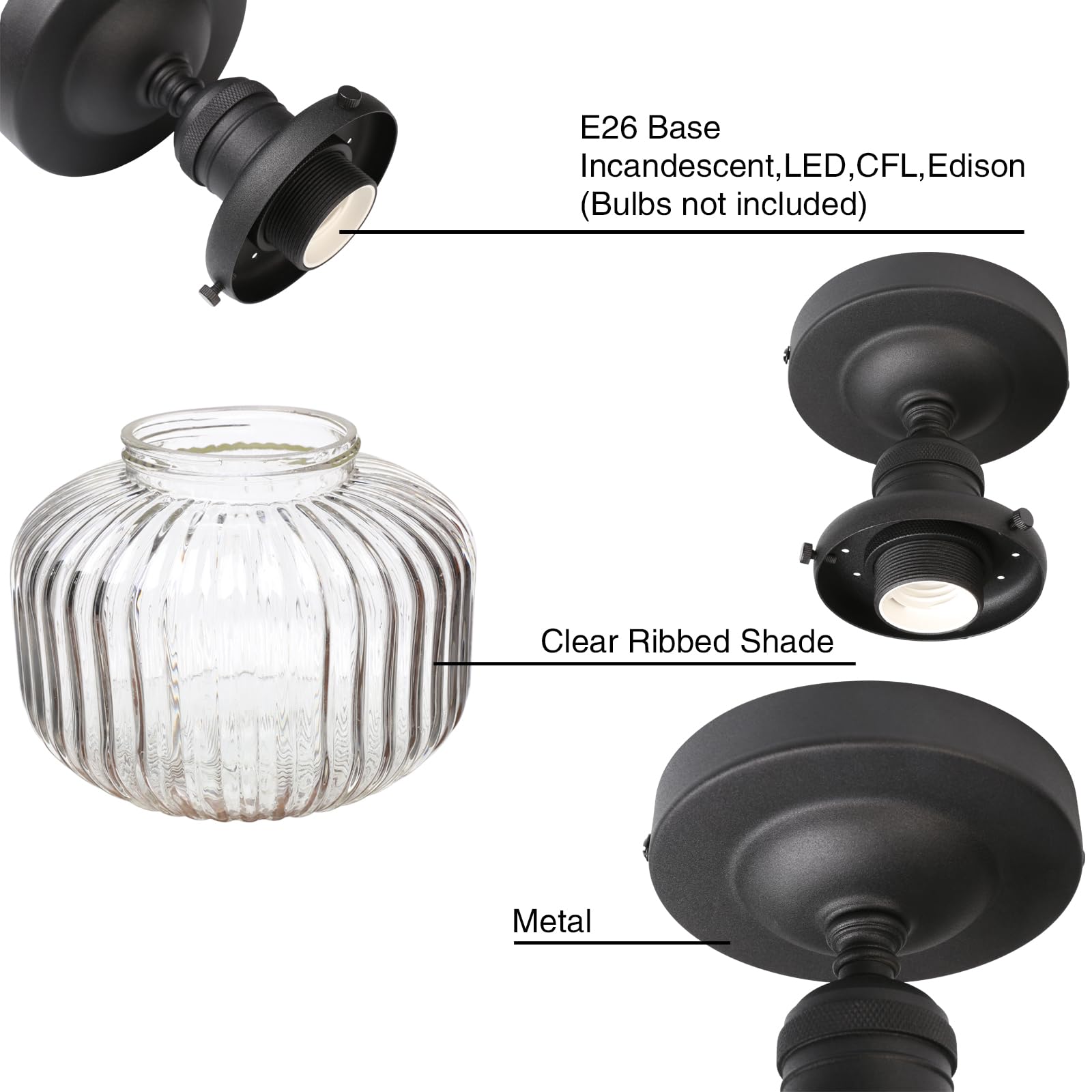 Permo Modern Small Semi Flush Mount Ceiling Light Glass Ceiling Lights Hallway Light Fixtures With Flate Ribbed Glass Lampshade,