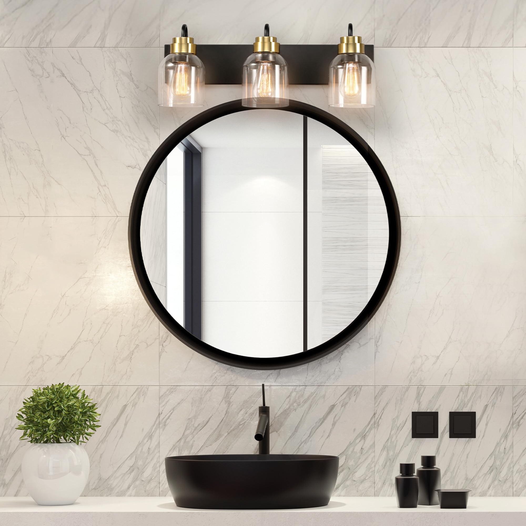 Globe Electric 63000200 22'' 3-Light Vanity Light, Matte Black, Matte Brass Accents, Glass Shades, Beauty Room Accessories, Bath