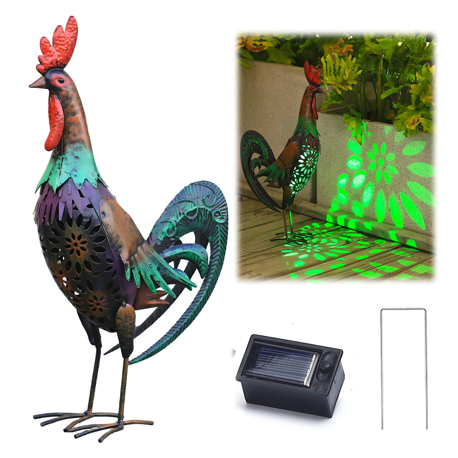 WDLFCGC Solar Rooster Statue Light Outdoor, 18 Metal Yard Art Rooster Figurines(Retro Rooster).
