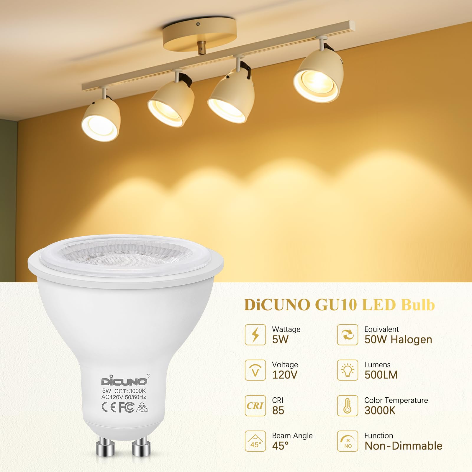 DiCUNO GU10 LED Bulbs 5W Warm White 3000K 500lm 45° Beam Angle 10-Pack MR16