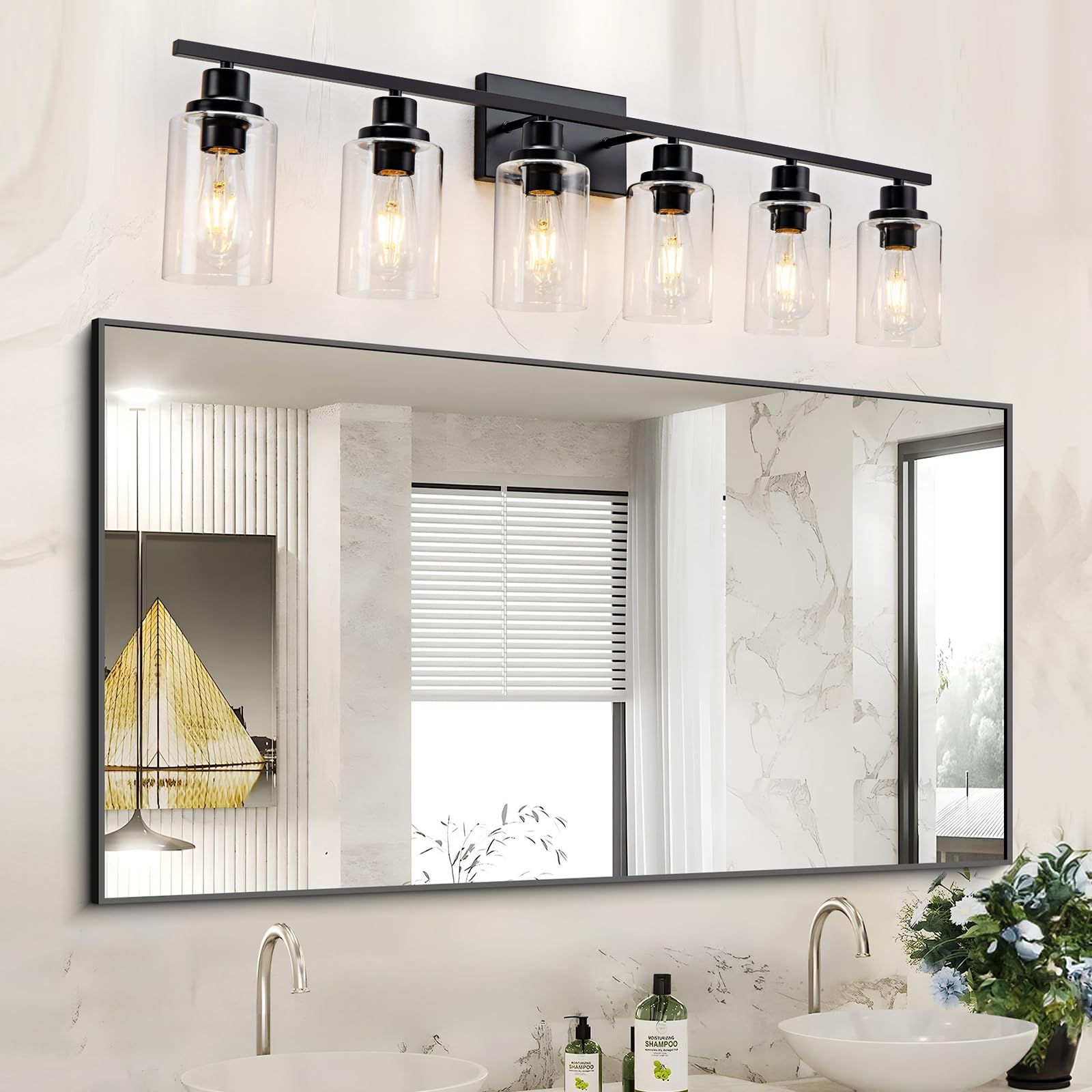 HCCZ 6 Light Bathroom Light Fixture - Black Vanity Sconce with Glass Shade, Modern Farmhouse Design, E26 Socket, Model 800-100-1086