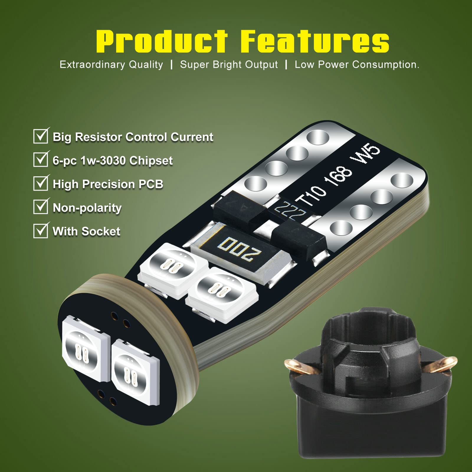 Dodofun 12V Green T10 Pc168 Pc175 Pc194 Pc194G Pc195 Pc160 Pc161 Pc195Na Instrument Cluster Light Led Bulb Replacement For Dashboard Dash Panel Gauge Indicator Lamp W5W 158 168 194 2825 With Socket