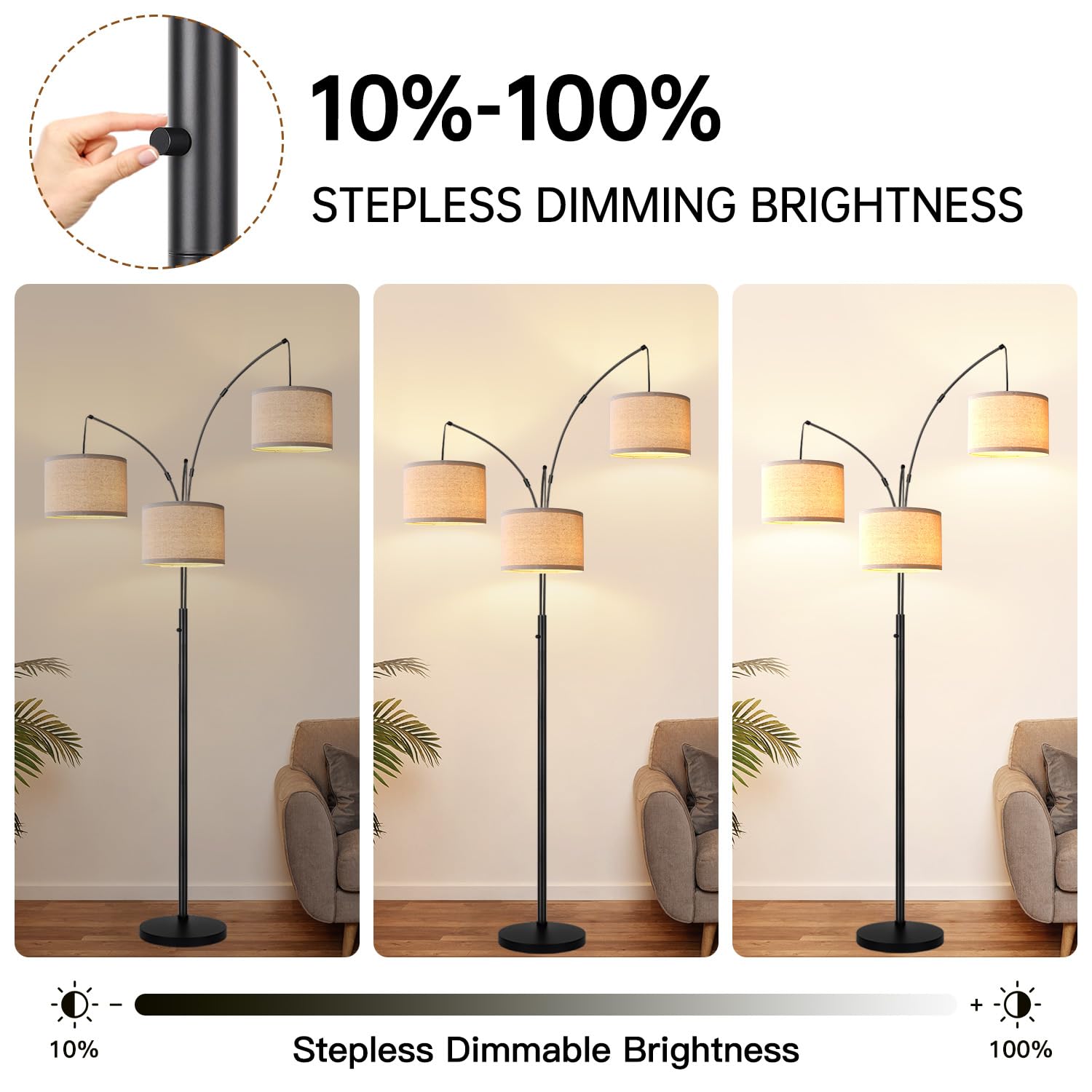 Dimmable Floor Lamp, 3 Lights Black Arc Floor Lamps For Living Room, Modern Tall Standing Tree Lamp With Linen Shade & Heavy Bas
