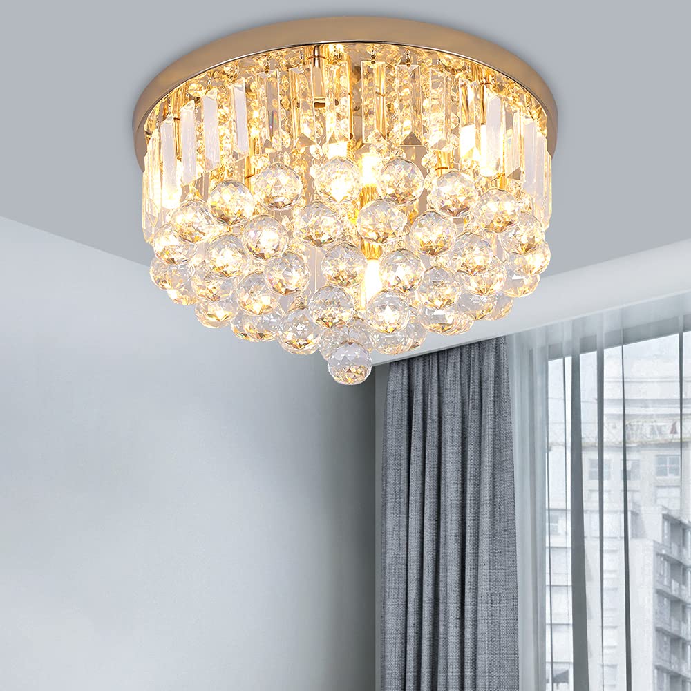Gopmmy Mini Crystal Chandelier Ceiling Light, 16in Flush Mount, French Gold, Model XU-011, Modern K9 Crystal Design for Dining Room & Bedroom