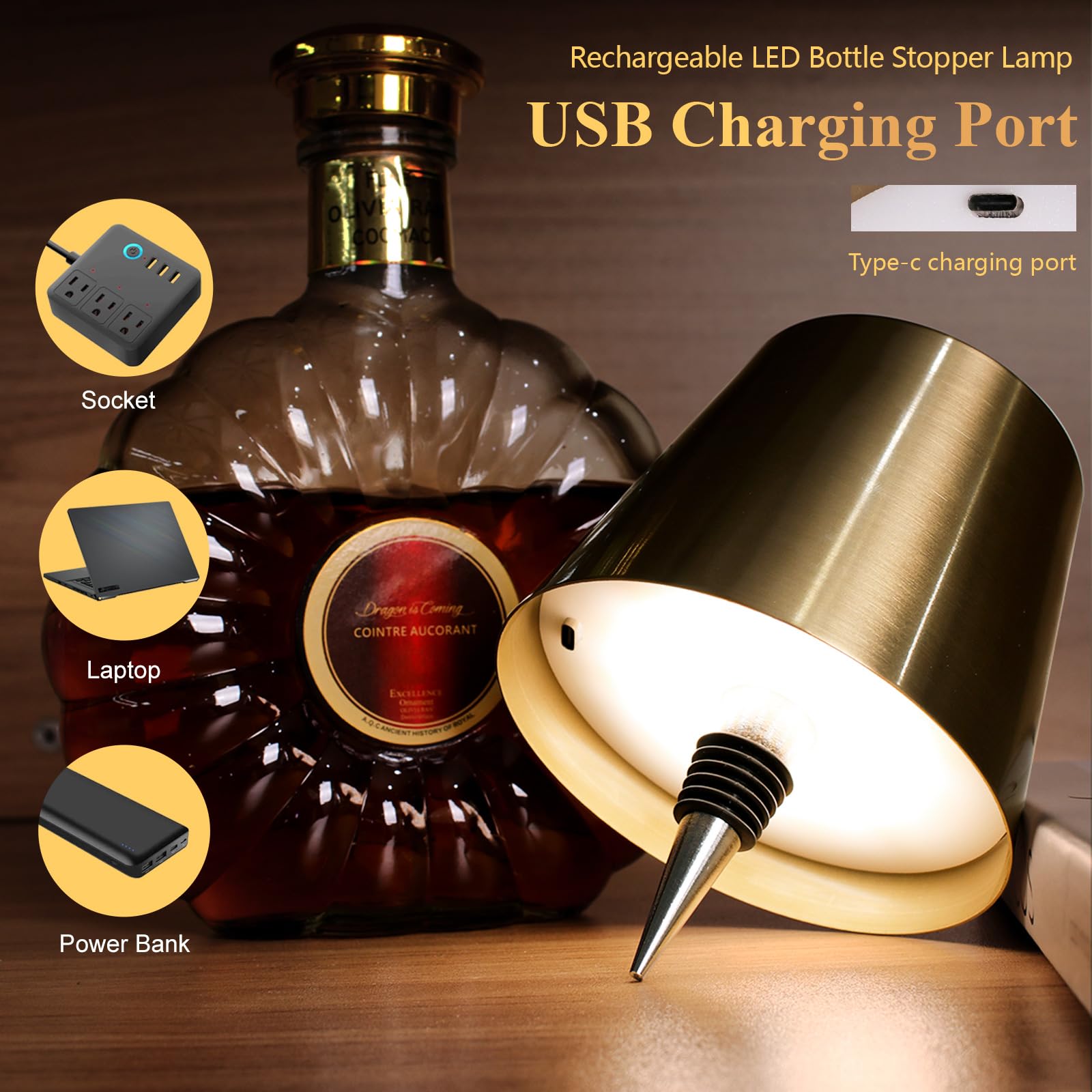 Mebaraul Wine Bottle Lamp - 3 Color Rechargeable Wireless Lamp, Touch Dimming, Metal, Gold, Model FT1