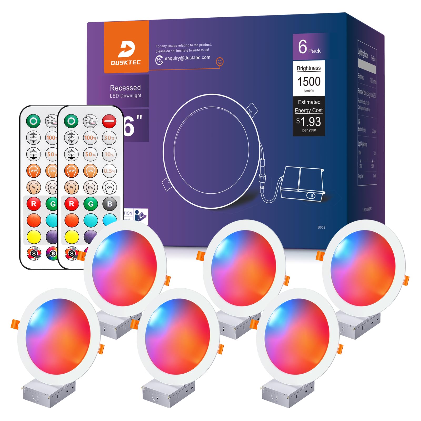 DUSKTEC Remote Control LED 6 Inch Canless Recessed Lighting RGBCW Color Changing 16W 1500 Lumen Recessed Ceiling Lights with Jun