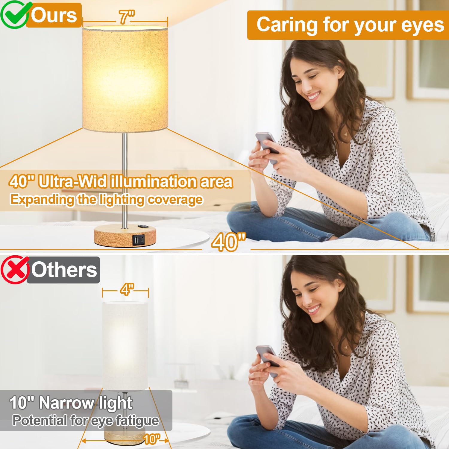 Lynnoland Touch Wood Table Lamps Set of 2, 3-Way Dimmable, USB & AC Outlet, Beige & Wood, Model T3476