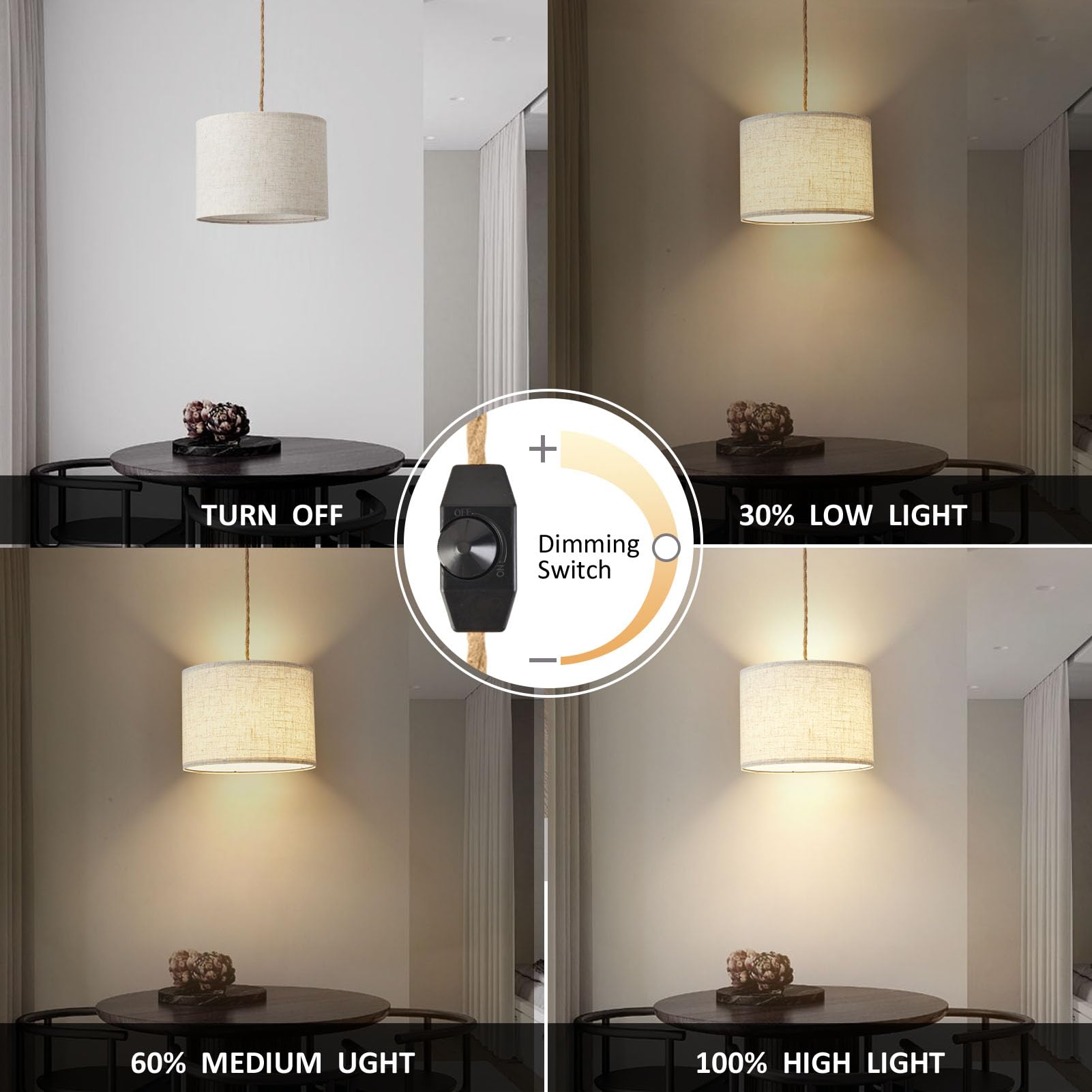 Kuaugst Dimmable Plug-In Pendant Light, Beige Linen Shade, 15Ft Hemp Rope, 2 Pack