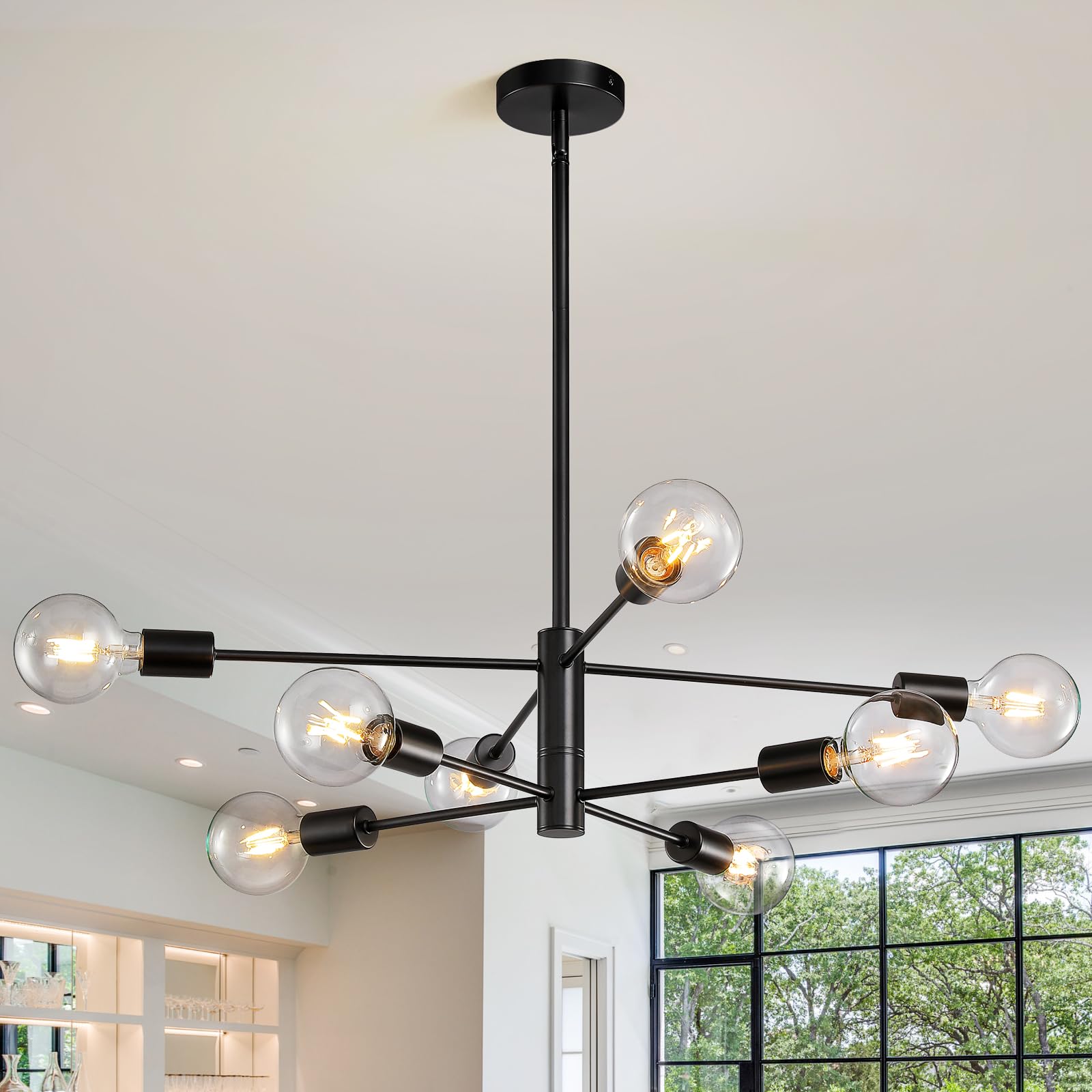 KAISITE Modern Chandelier Sputnik Ceiling Light Fixture Black Chandelier for Bedroom Living Room 8-Light Height Adjustable Dinin