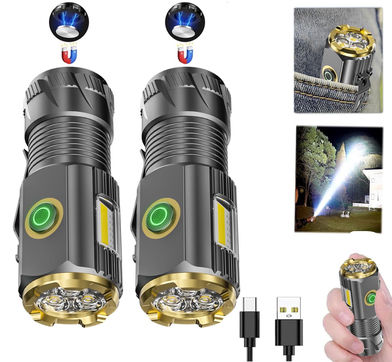 Rechargeable mini LED Flashlight  9000 lumens Ultra Bright Small Flashlight  with Clip and Magnet  IPX6 Waterproof  6 Modes  Suitable for Camping  Hiking  and Emergency situations (2-Piece Set)