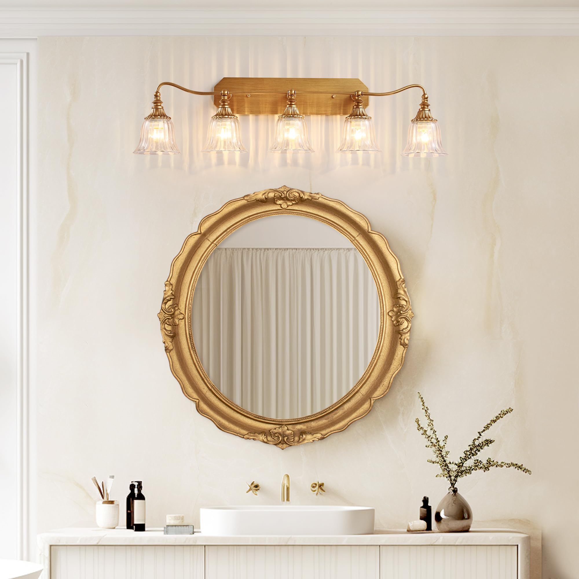 LmnLvn 5-Light Bathroom Vanity Light Fixture, Gold Antique Brass with Crystal Glass Shade, Vintage Style, Model 79942f95-764d-4684-8c61-486