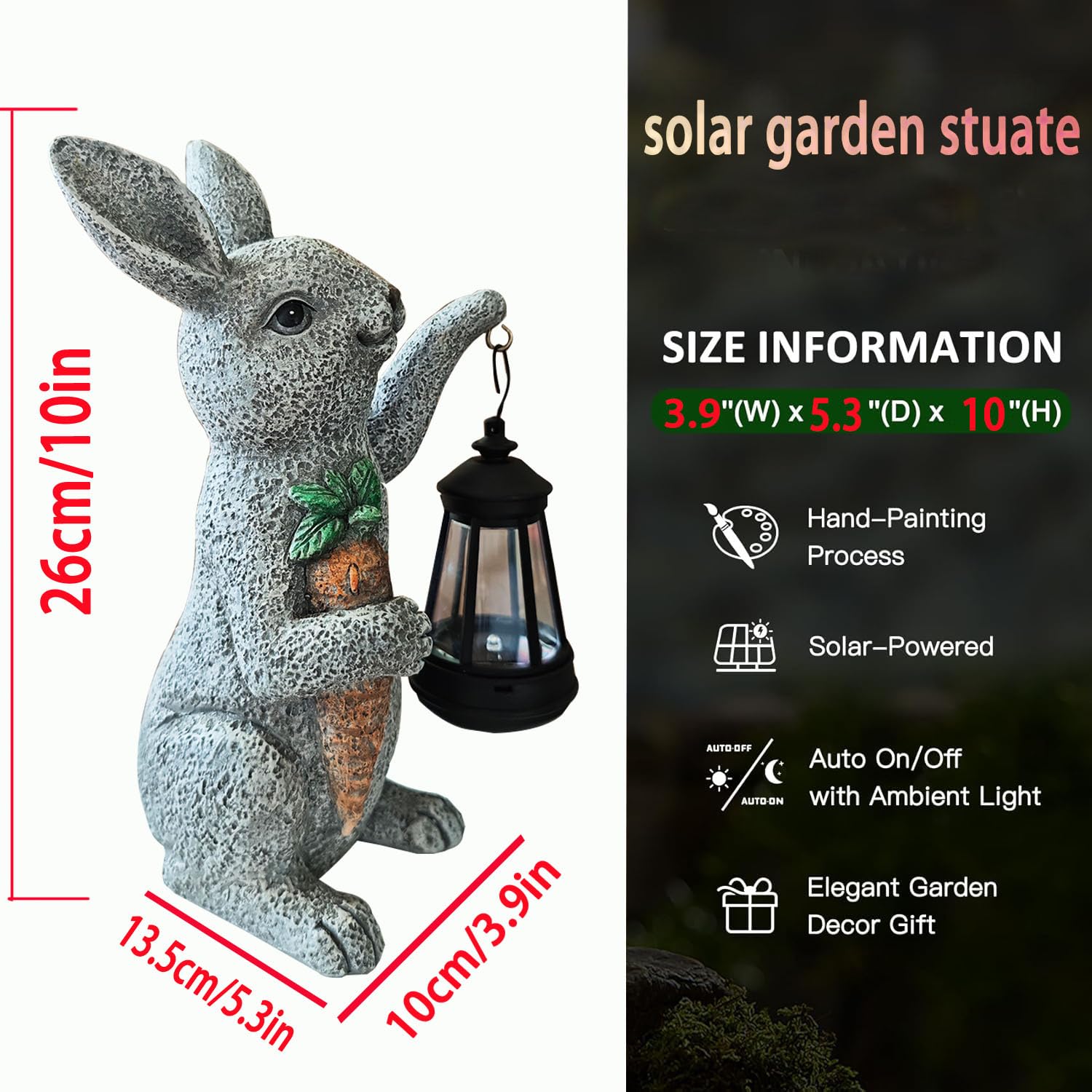 Garden Statues Rabbit Solar Lantern Outdoor Handmade Resin Statue Bunny With Cute Carrot For Patio  Yard MotherS Day Gift Ideas (Rabbit1)