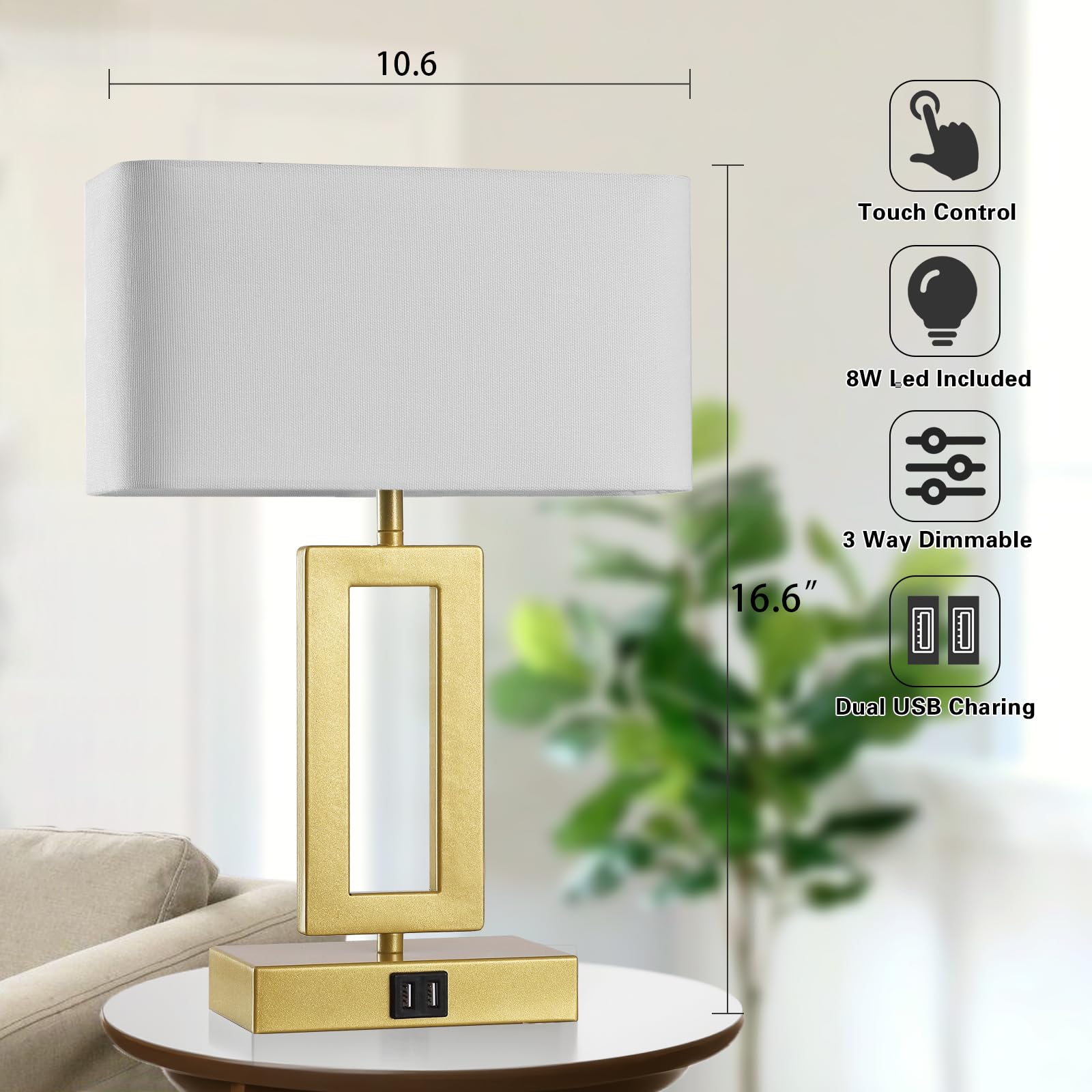 gernehop Gold Table Lamps Set of 2, 3-Way Dimmable Touch Control, 16Inch White & Gold, Includes LED Bulbs, Model T1002-GD-W