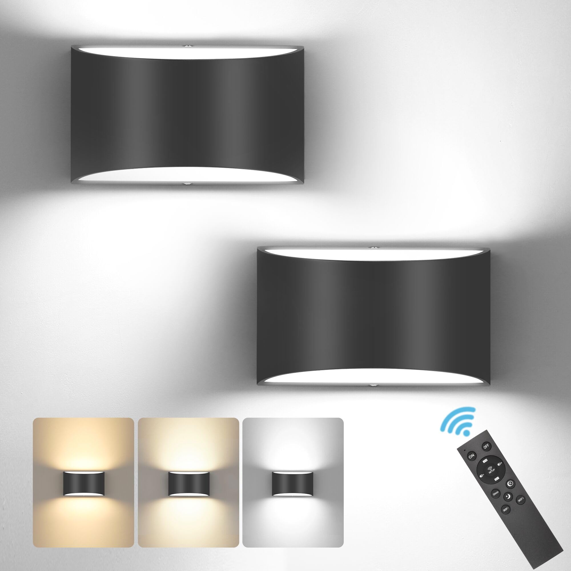 TRLIFE Modern LED Wall Sconces, Dimmable 3000K-6000K, Aluminum, 12W, 2 Pack, Black with Remote