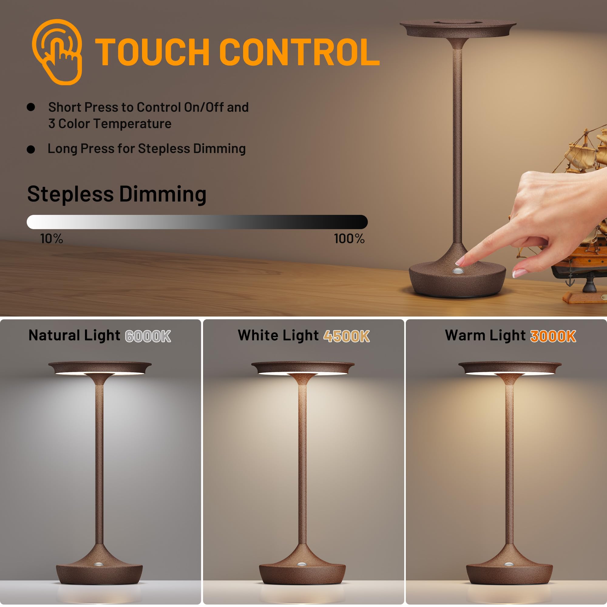SHANGCAI LED Rechargeable Cordless Table Lamps, 3 Color Stepless Dimming, 2 Pack, Rust, Aluminum