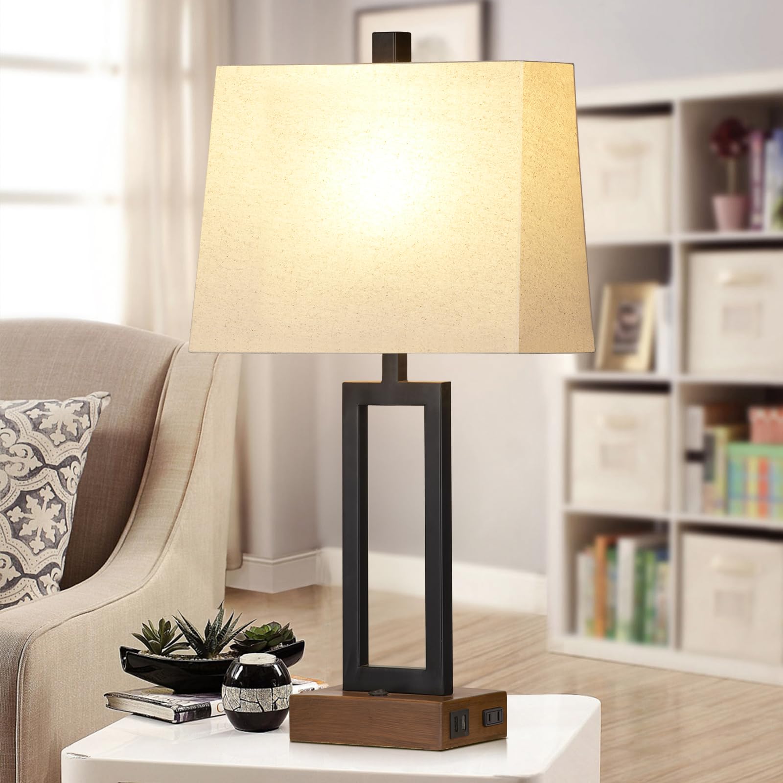 Table Lamps Set Of 2 With 2 Usb Ports And Ac Power Outlet, Modern Bedside Lamp, Wood Nightstand Lamp With Linen Shade For Living