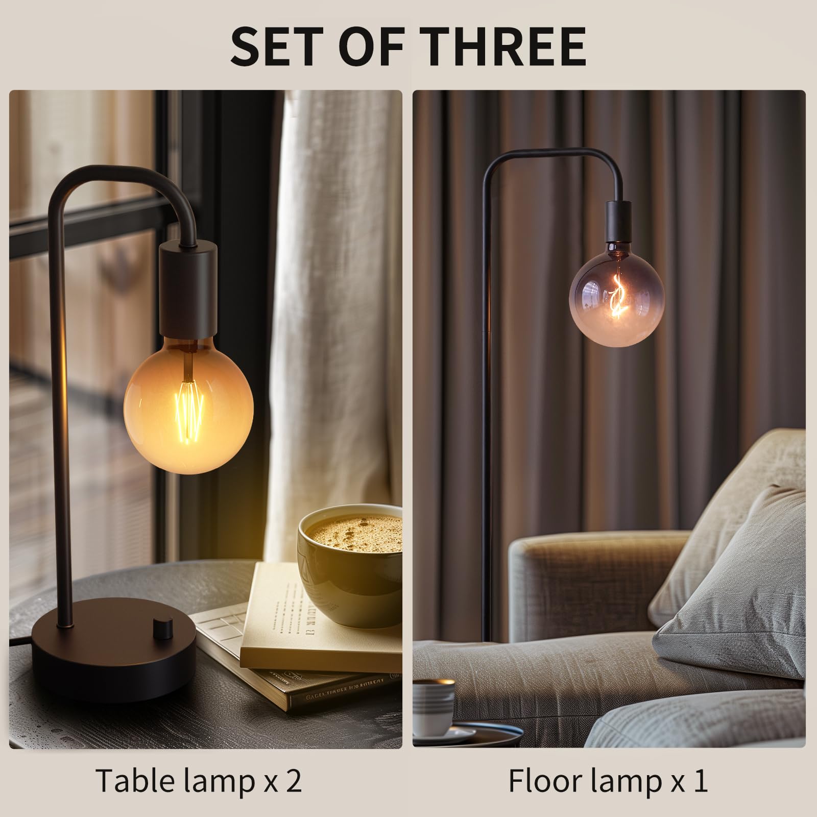 Onewish Industrial Lamp Set 3 Piece-1 Floor Lamp And 2 Dimmable Table Lamp- 3 Pack Modern Matching Floor And Table Lamp With Gra