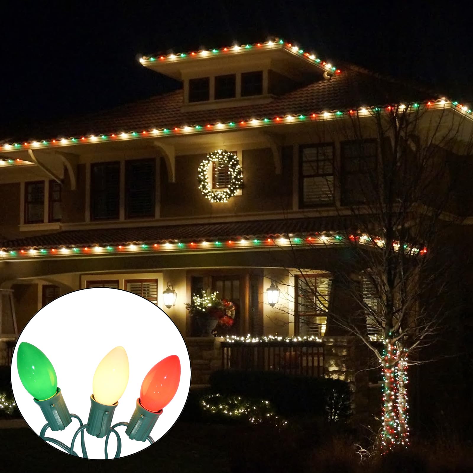 Sunsgne 25 Feet Vintage Christmas Tree Lights With 26 7W Red Green White Glass Bulbs(1 Spare), Connectable Hanging Lights For Pa