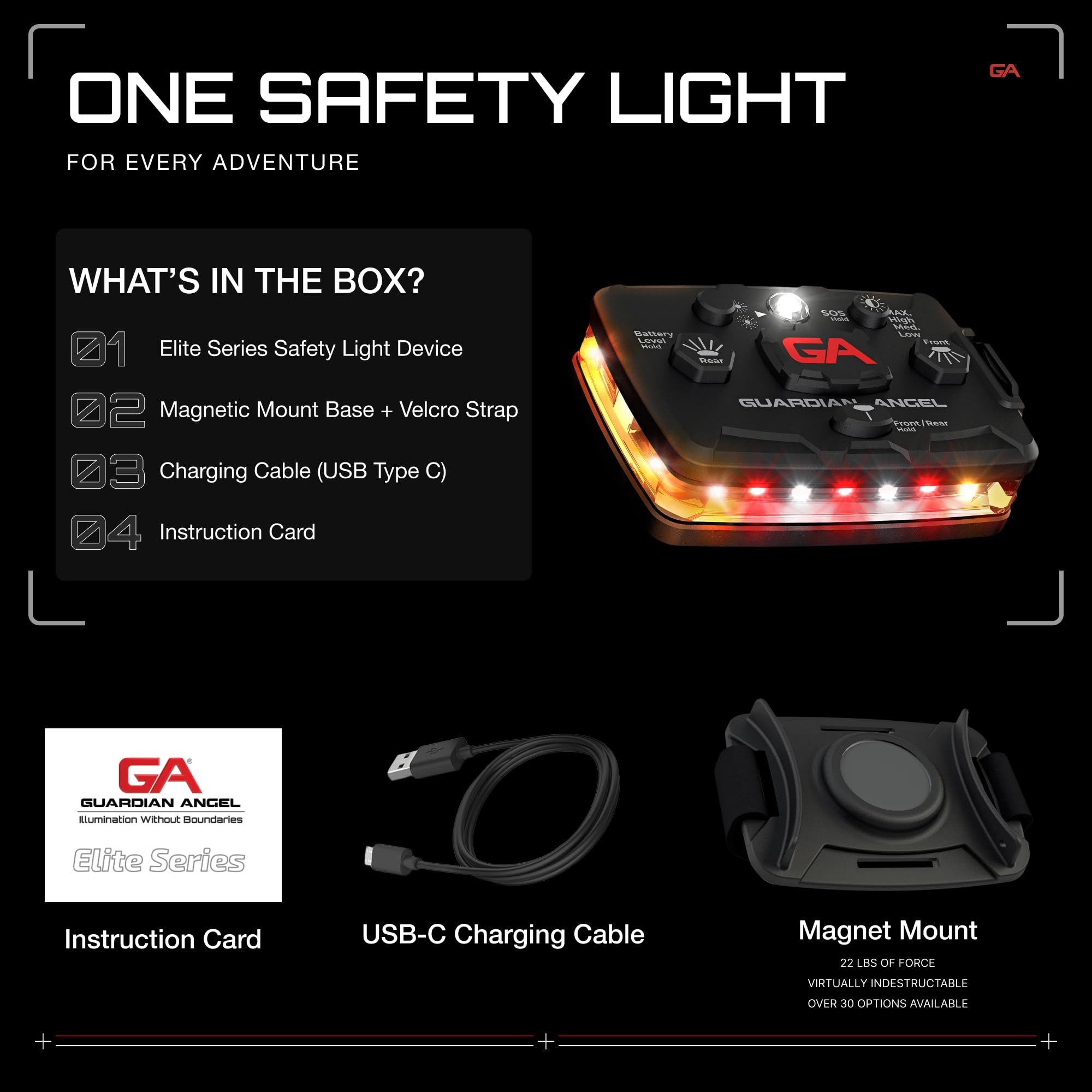 Guardian Angel Elite Series Safety Light (Orange/White/Red Front & Orange Rear) - Rechargeable, Magnetic, Hands-Free Wearable Le