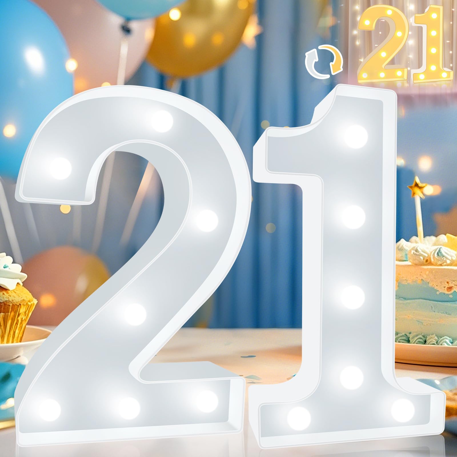 Pooqla LED Light Up Number 21 Sign, Decorative Marquee for 21st Birthday Party, Cool White & Warm White, Plastic, Model DENC-BP-01