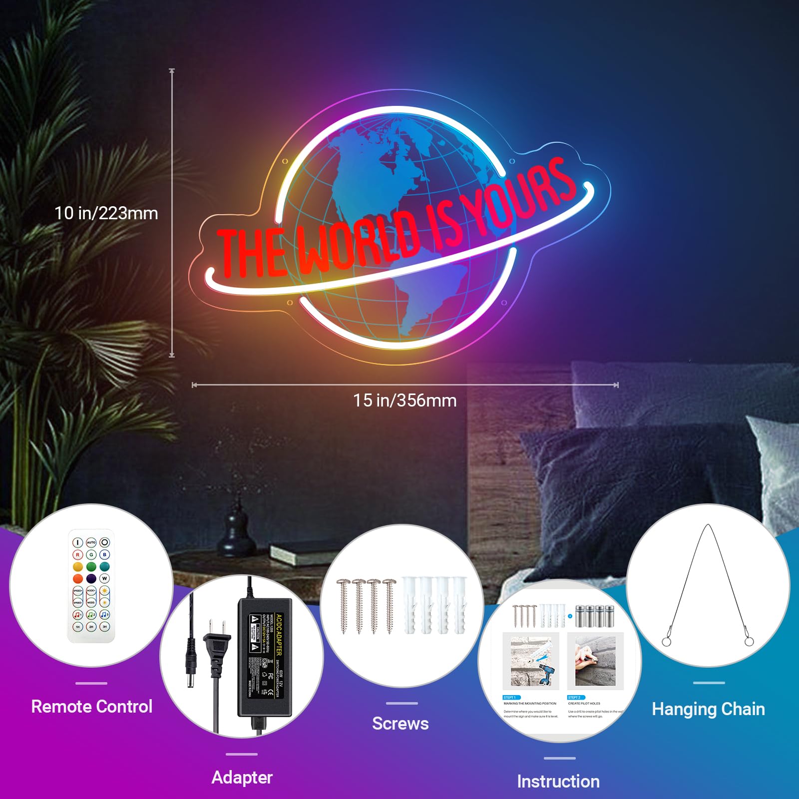 KiMineon Neon Sign Light - 7RGB  t LED Wall Decor, Acrylic, Multicolor, USB Powered for Home Bar, Game Room, Cafe, Wedding
