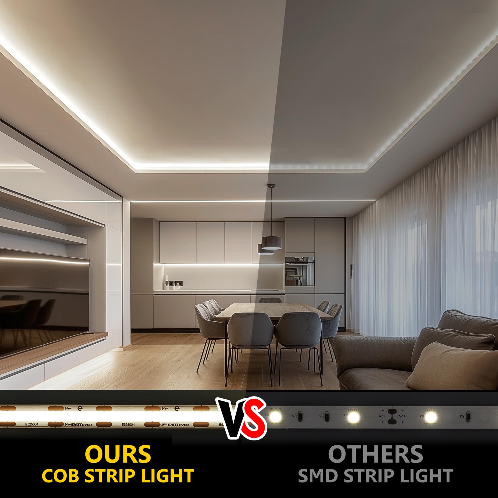 EMITEVER COB LED Strip Lights, 4000K, 32.8ft, DC 24V, Ra 90+, Model E2024V-XX3-XX30-U,