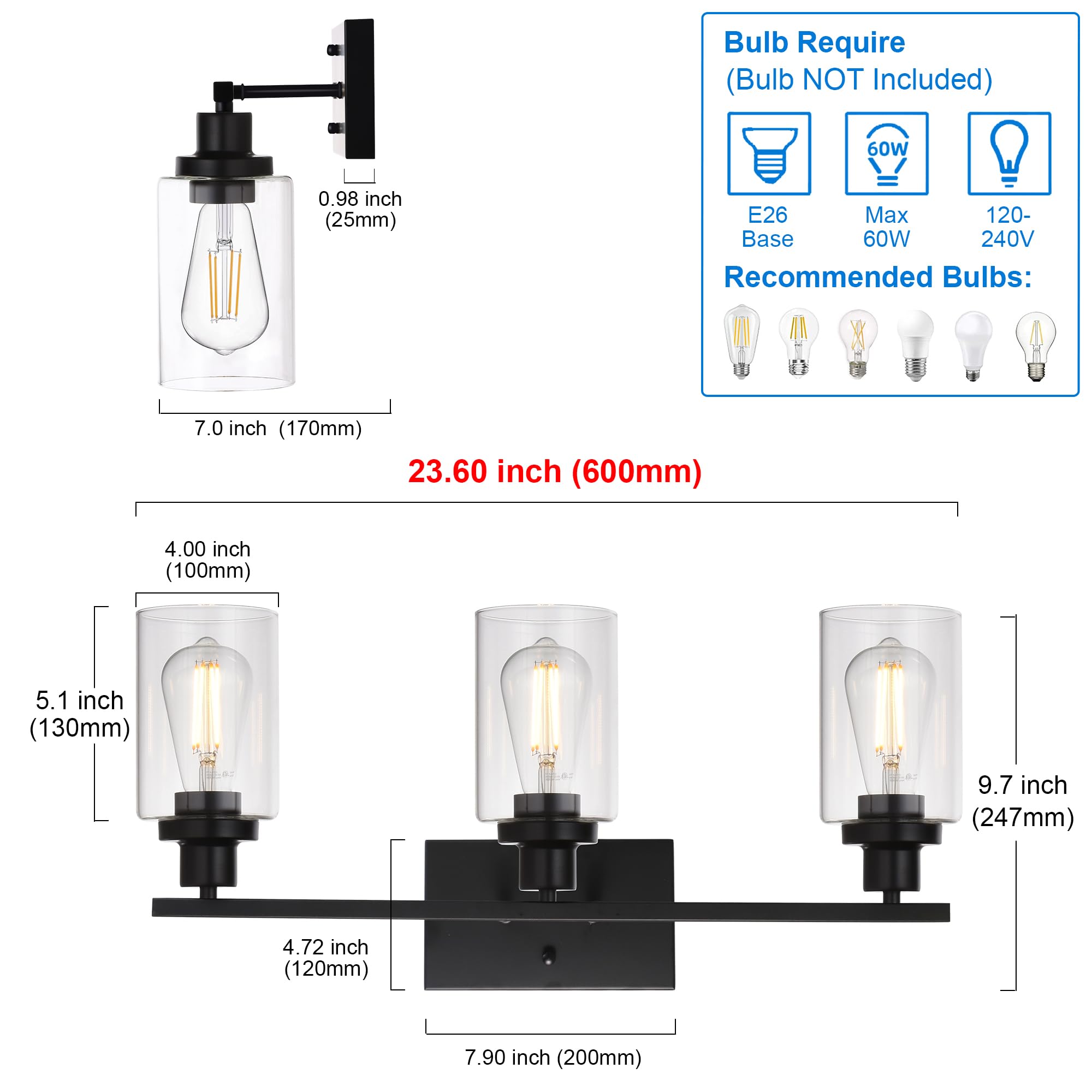 MELUCEE 3-Light Bathroom Vanity Light Fixture - Black Metal Sconce with Clear Glass Shade for Bedroom, Living Room, Hallway, Kitchen