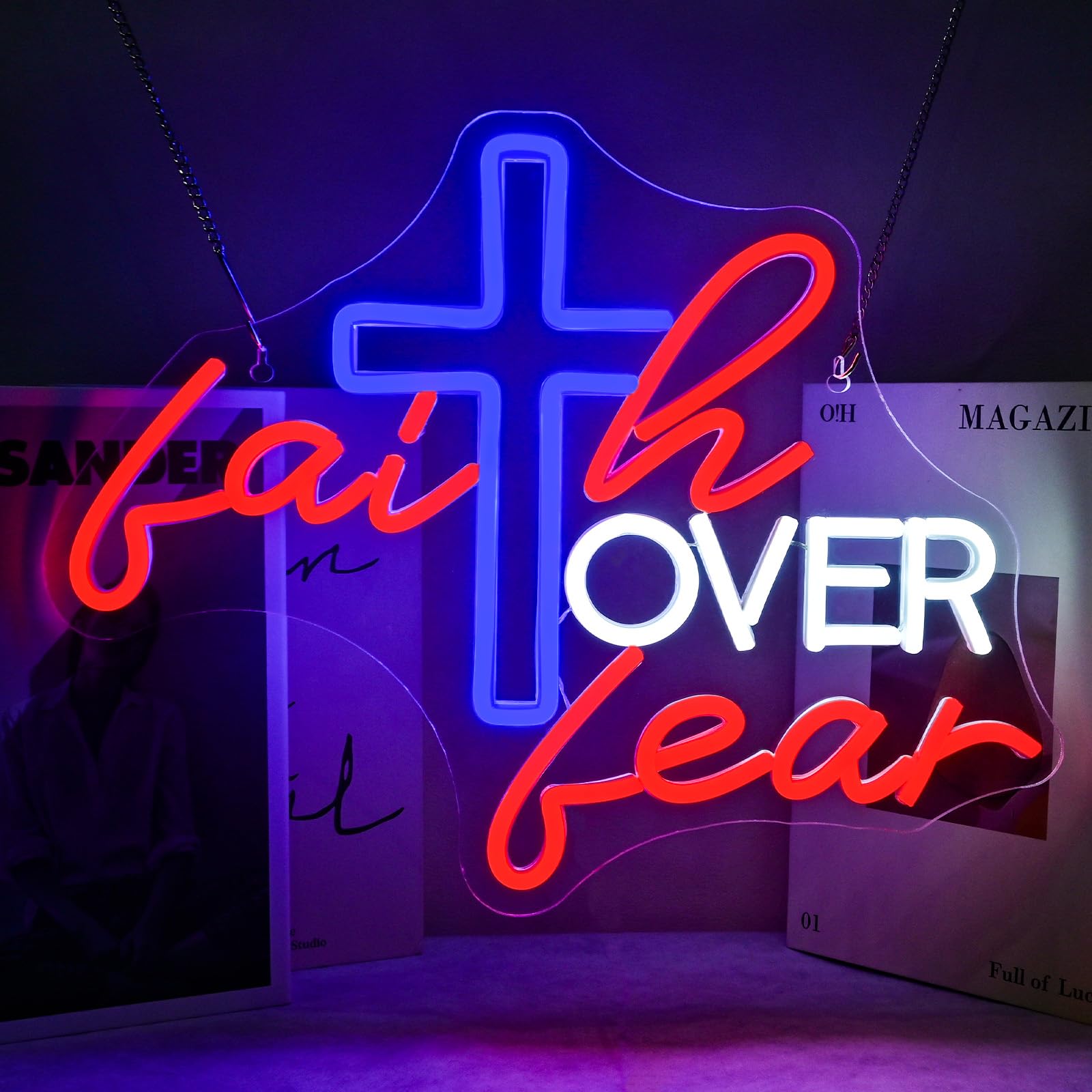 Wanxing LED Neon Sign - Faith Over Fear, Acrylic Wall Decor, USB Powered, 16.1in x 12.1in, Adjustable Brightness