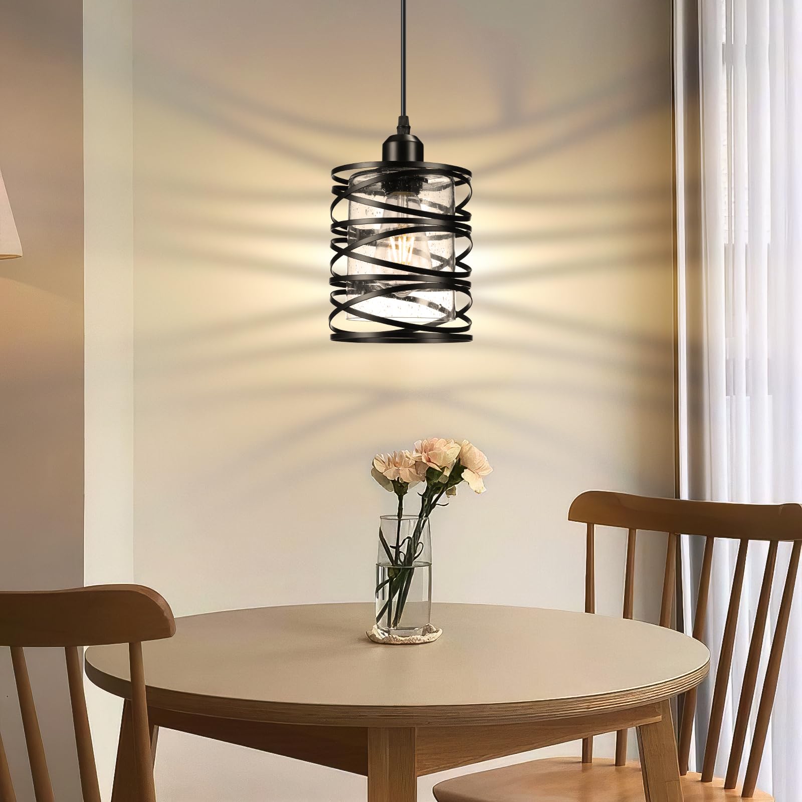 Glitnous 3-Pack Industrial Pendant Lights, Black Seeded Glass, Adjustable Kitchen Lighting, Model BE6110