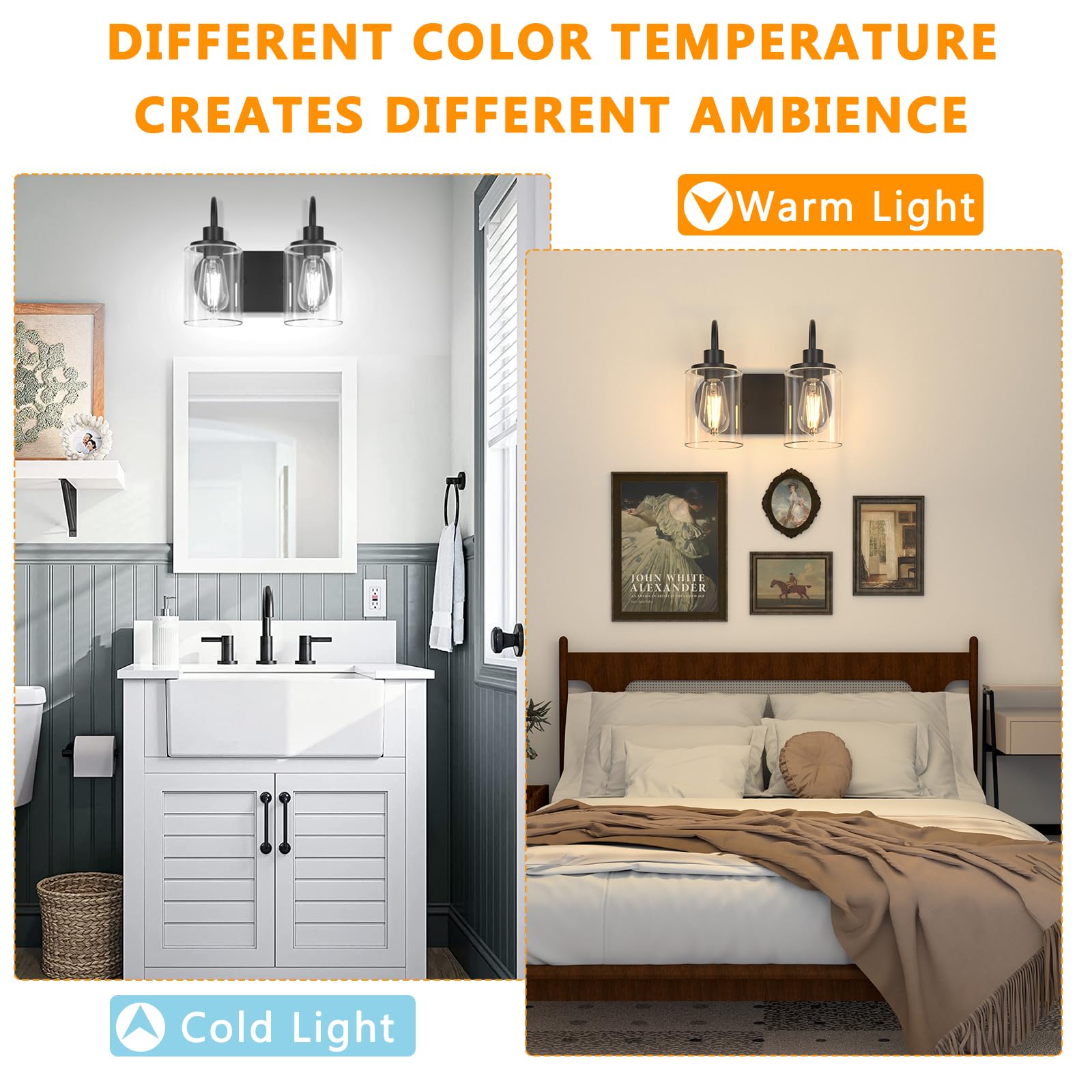 Baocuz 2-Light Black Bathroom Vanity Light, Bathroom Lights Over Mirror, Modern Vanity Lights With Clear Glass Shade, Farmhouse