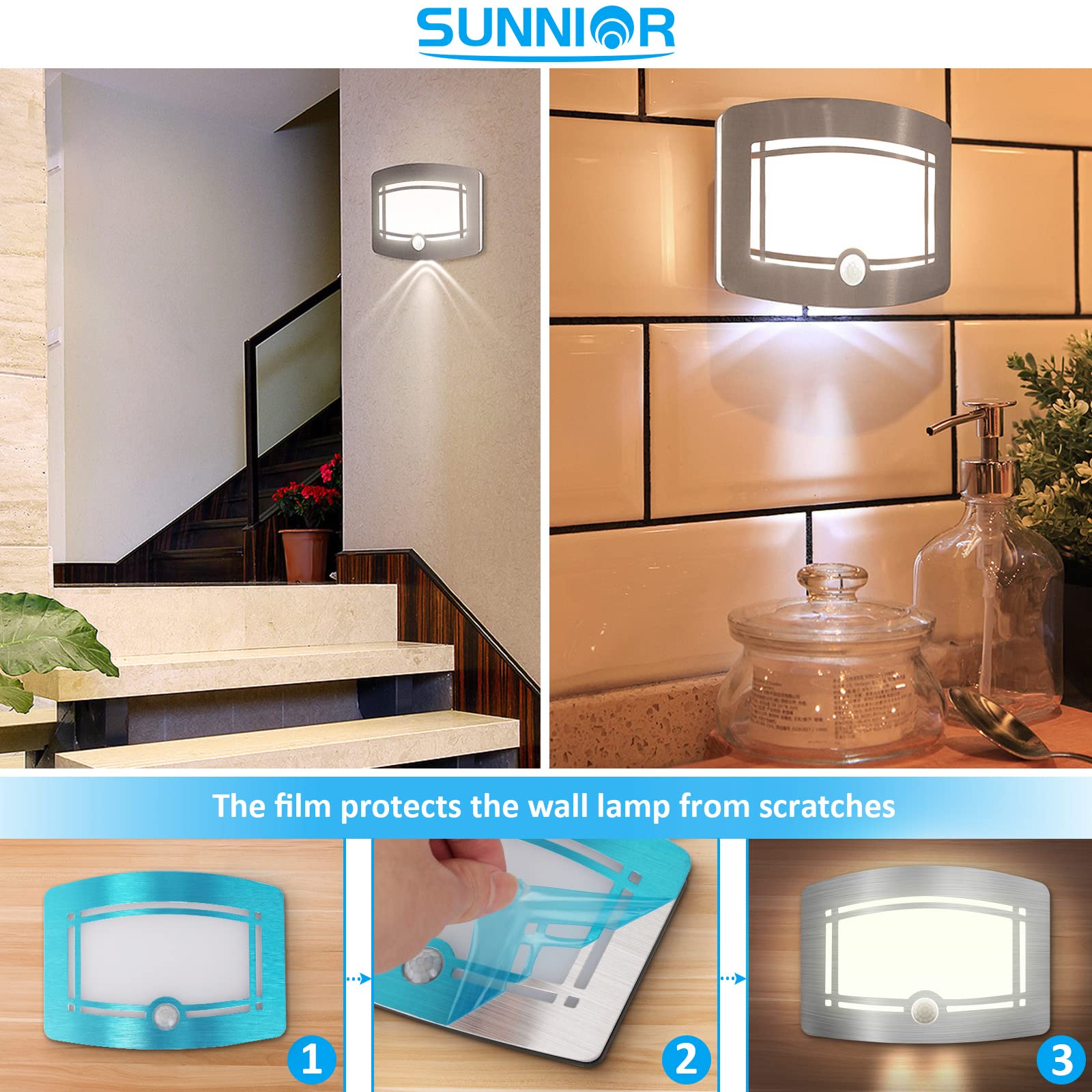 SUNNIOR Motion Sensor Wall Lamps Battery Operated Wall Sconce Dimmable Wall Light One Pack Perfect for Hallway Stairway Closet L
