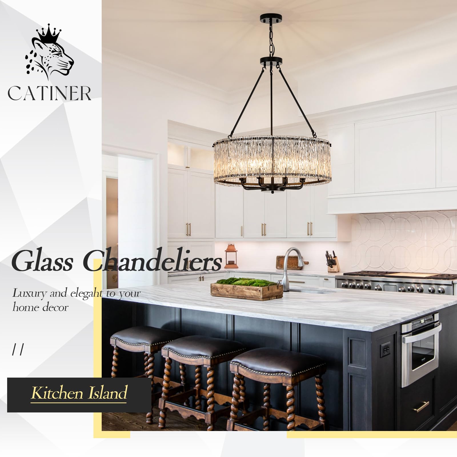 CATINER Modern Drum Chandelier 8-Light Pendant Lighting Fixture, 24.4” Black Glass for Dining Room, Foyer, Living Room, Bedroom